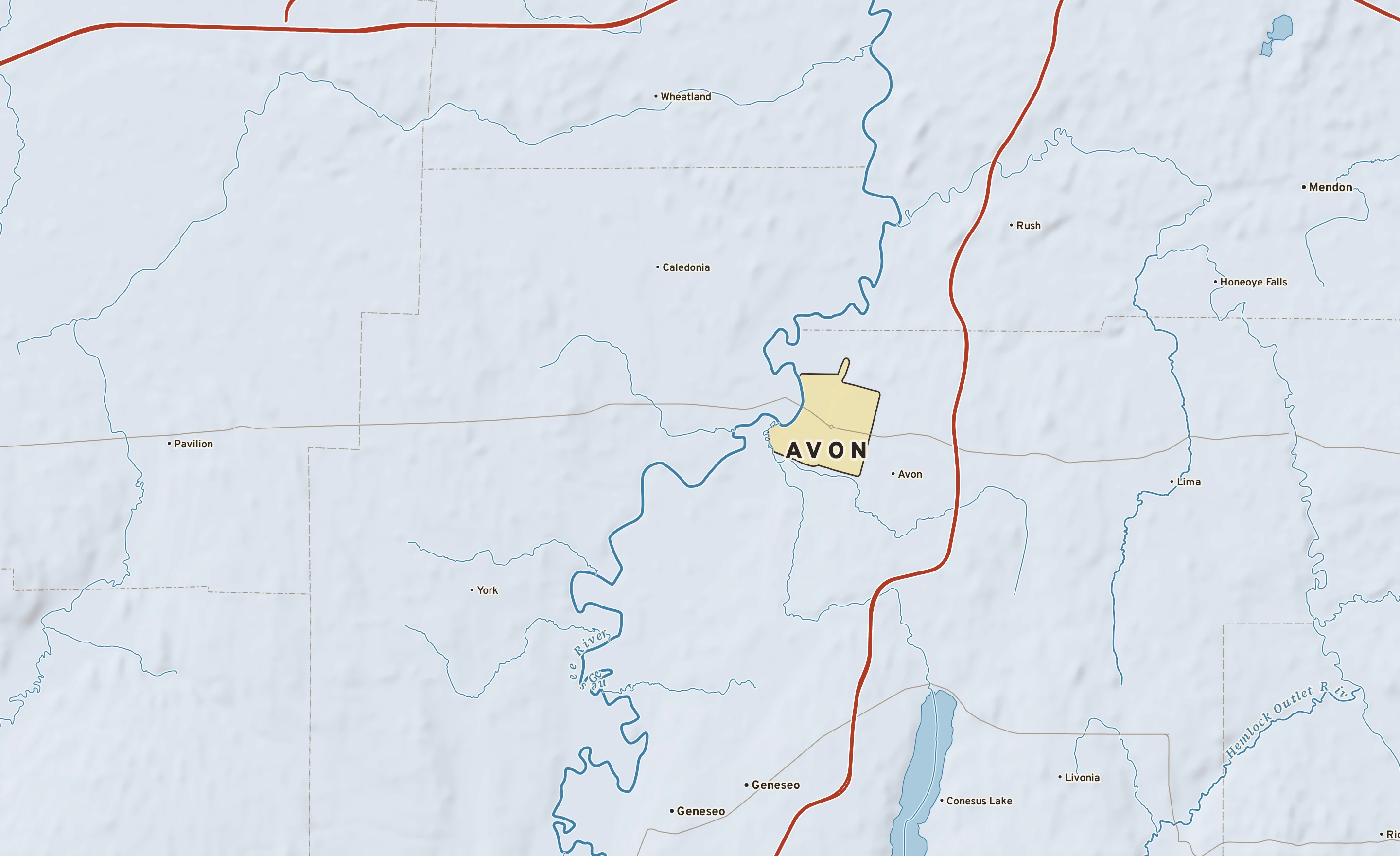 Shaded-relief atlas plate of Avon, New York: rivers, roads, the city limits and where the water drains.