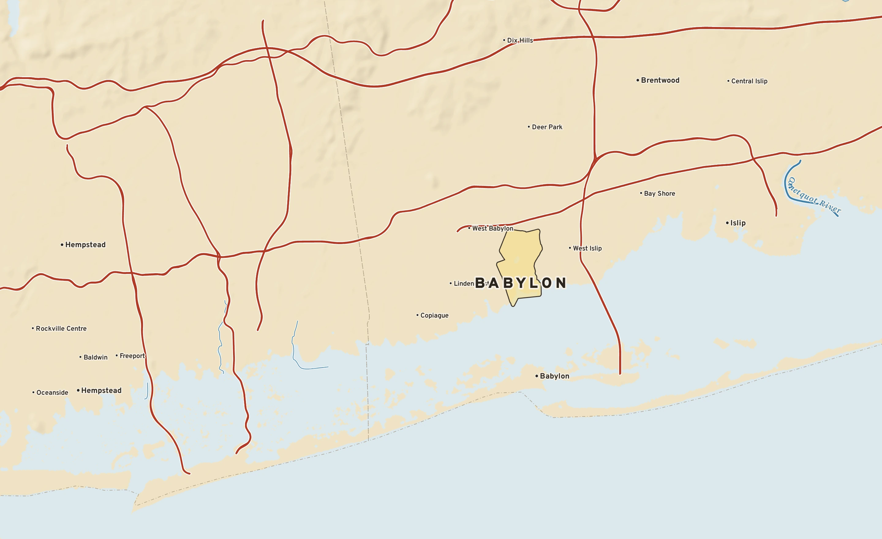 Shaded-relief atlas plate of Babylon, New York: rivers, roads, the city limits and where the water drains.