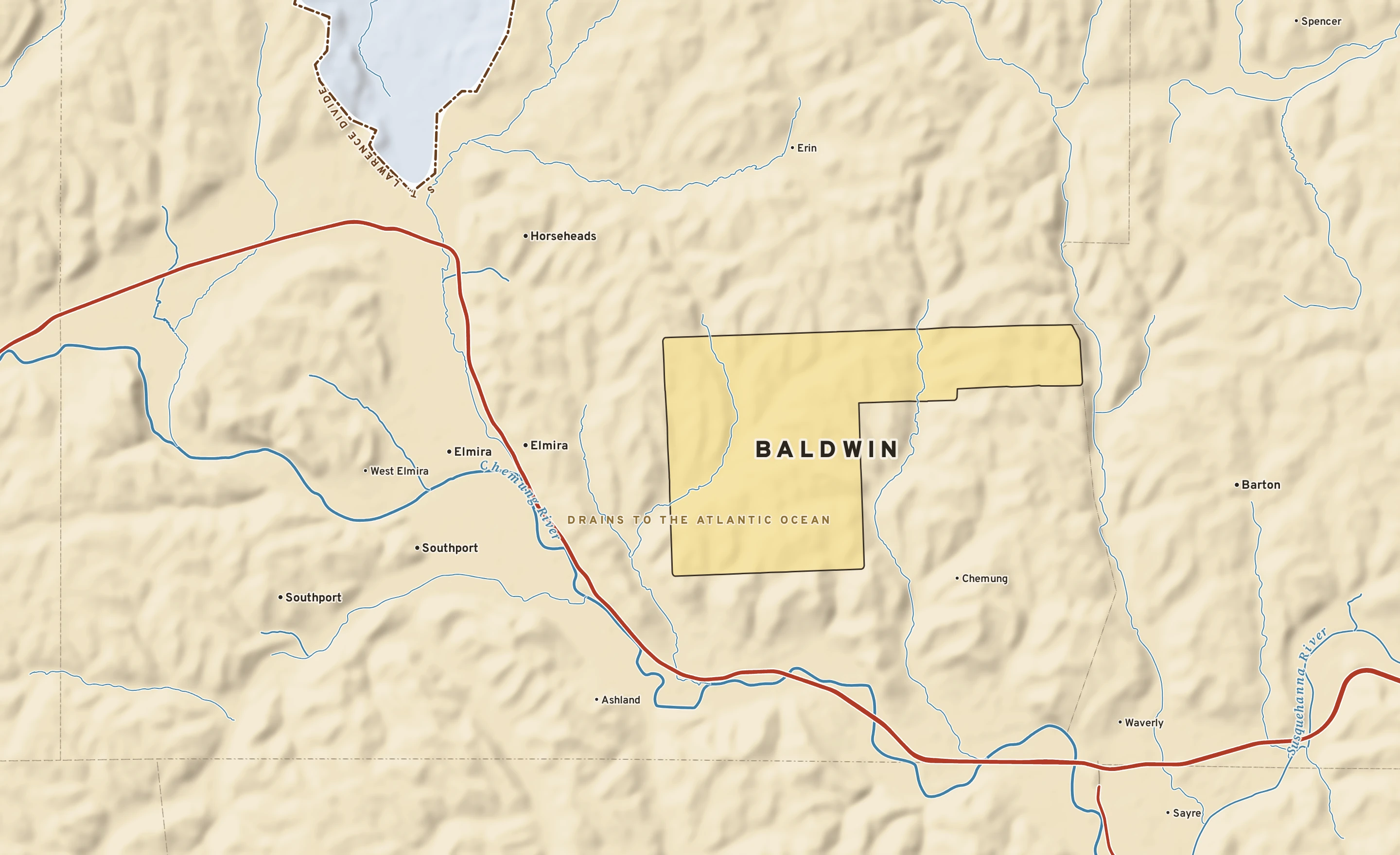 Shaded-relief atlas plate of Baldwin, New York: rivers, roads, the city limits and where the water drains.