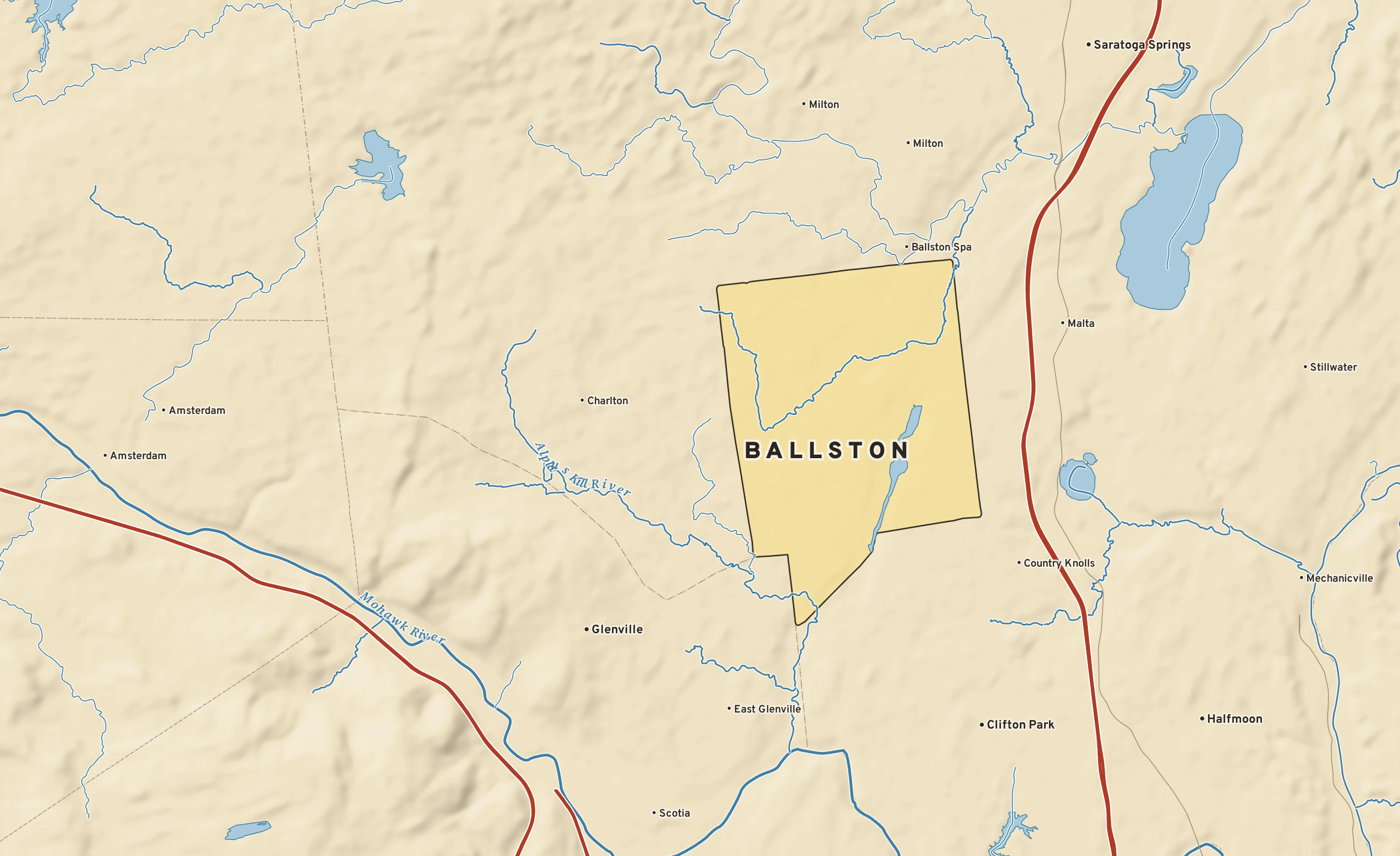 Shaded-relief atlas plate of Ballston, New York: rivers, roads, the city limits and where the water drains.