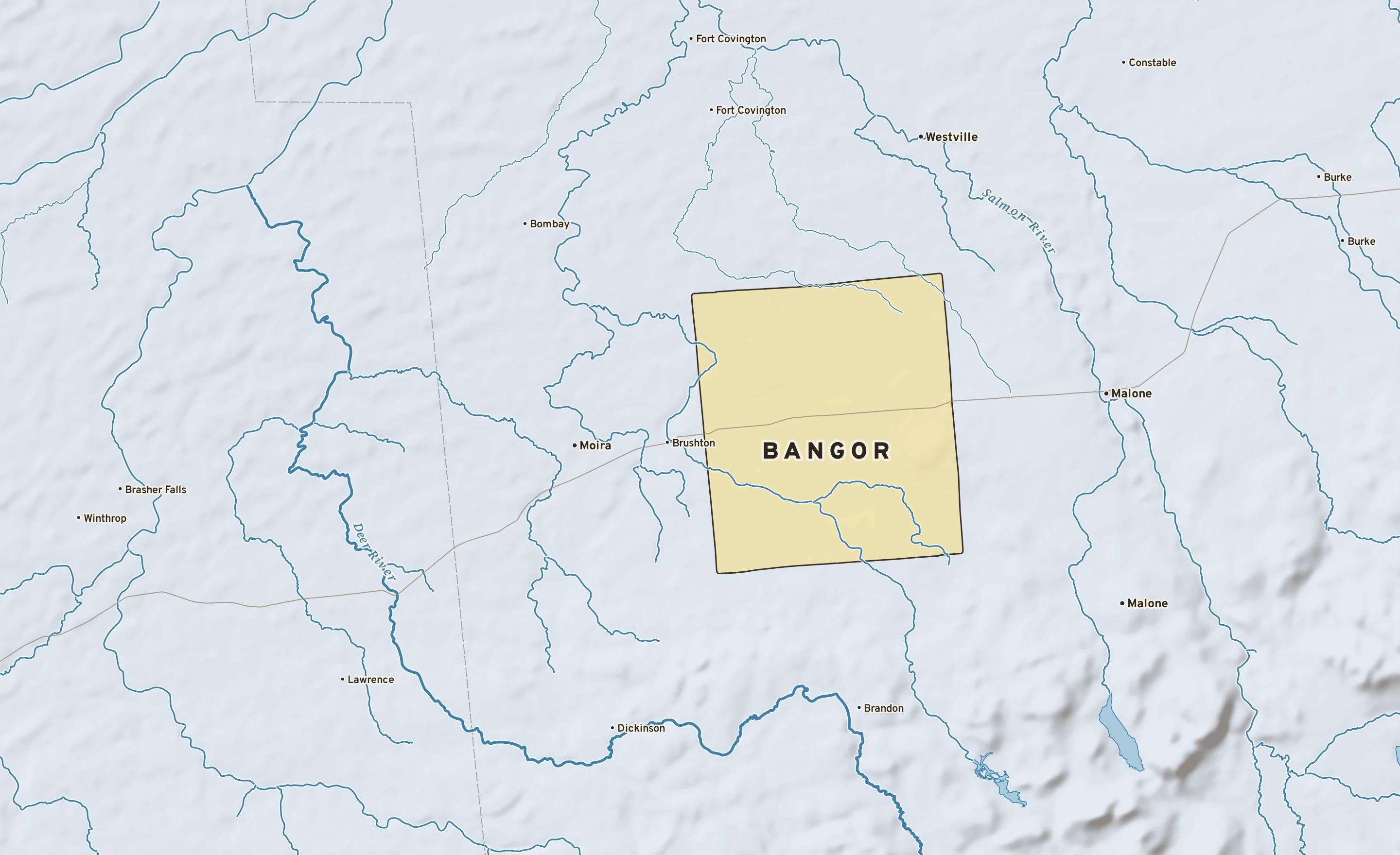 Shaded-relief atlas plate of Bangor, New York: rivers, roads, the city limits and where the water drains.