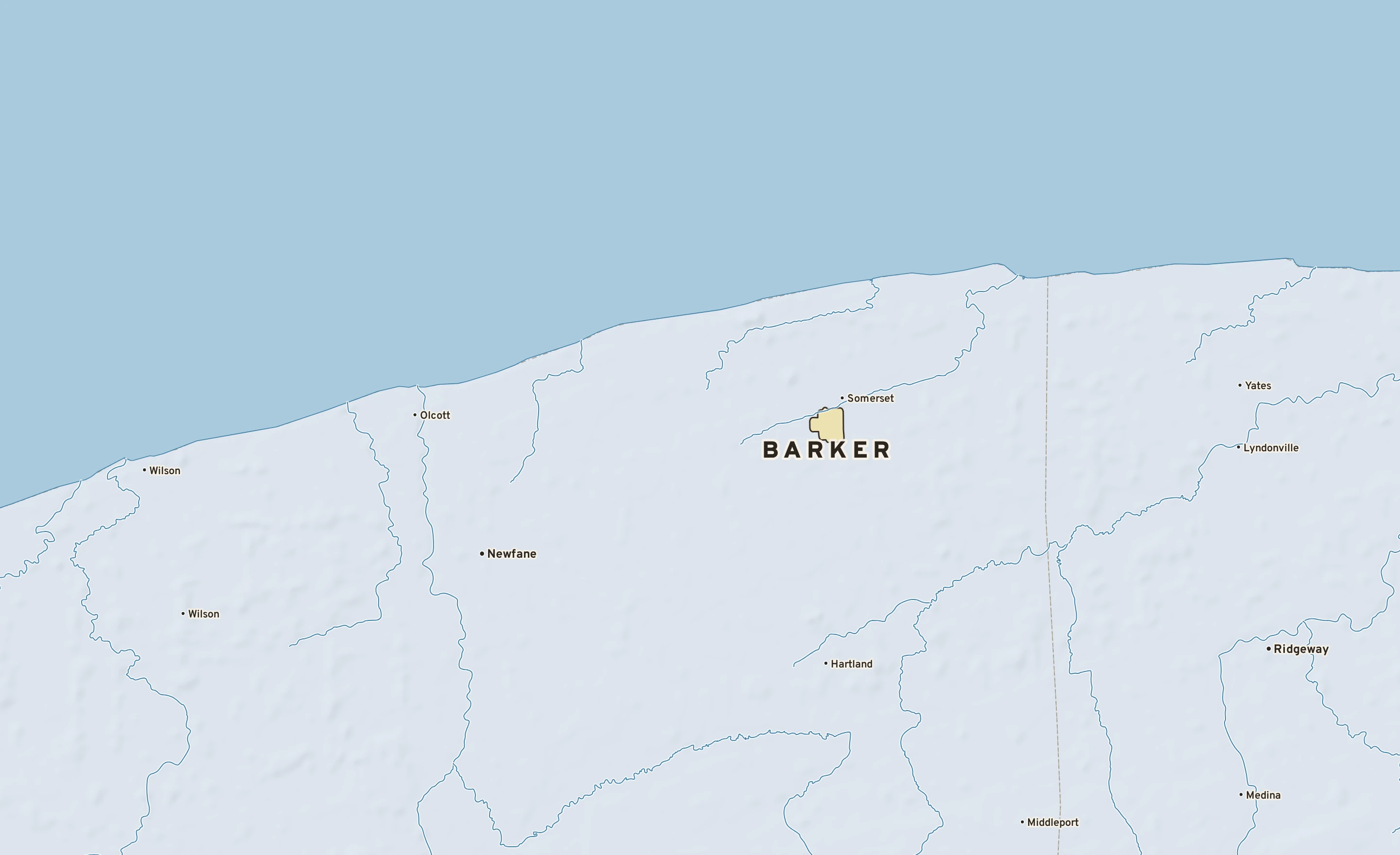 Shaded-relief atlas plate of Barker, New York: rivers, roads, the city limits and where the water drains.