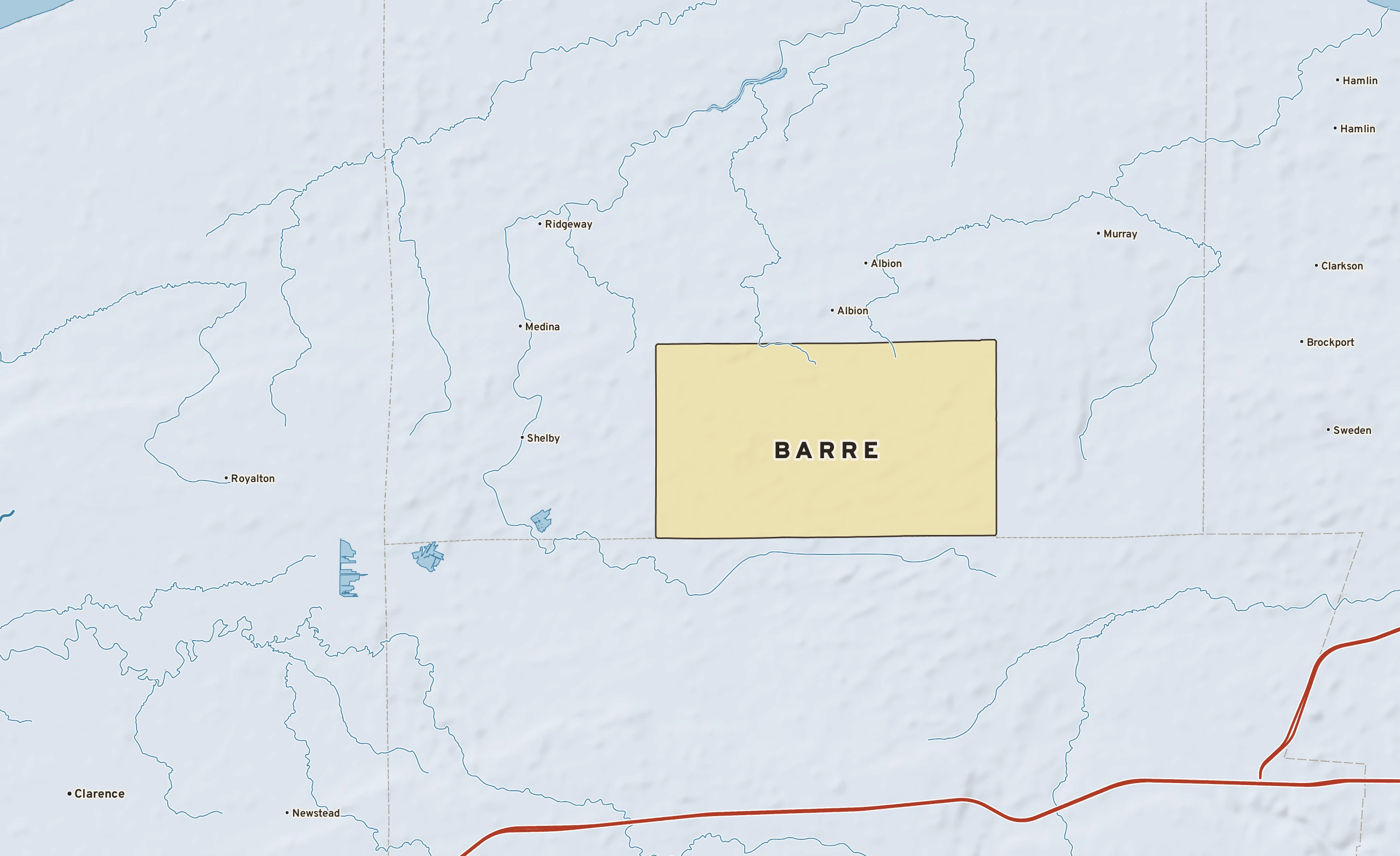 Shaded-relief atlas plate of Barre, New York: rivers, roads, the city limits and where the water drains.