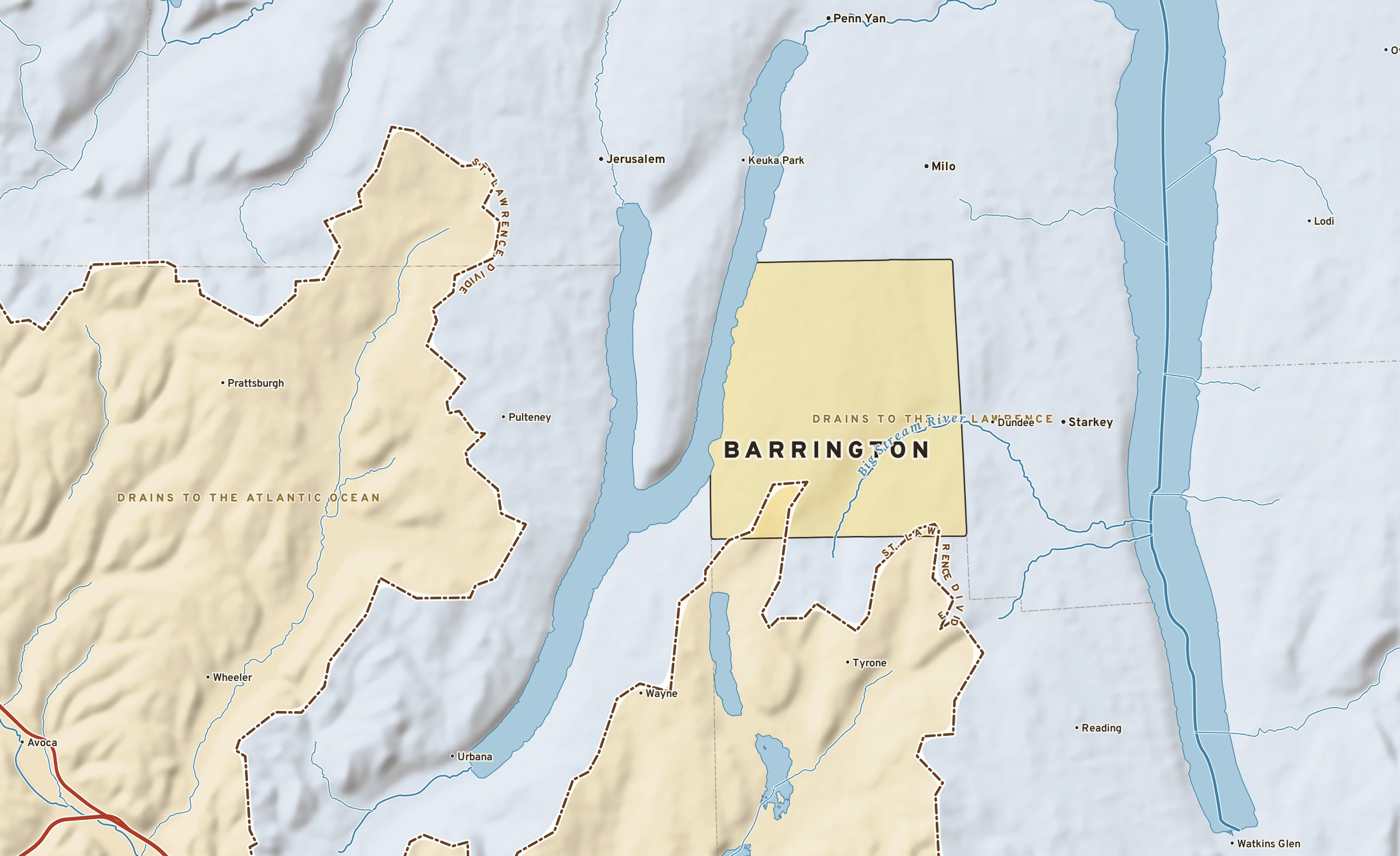 Shaded-relief atlas plate of Barrington, New York: rivers, roads, the city limits and where the water drains.