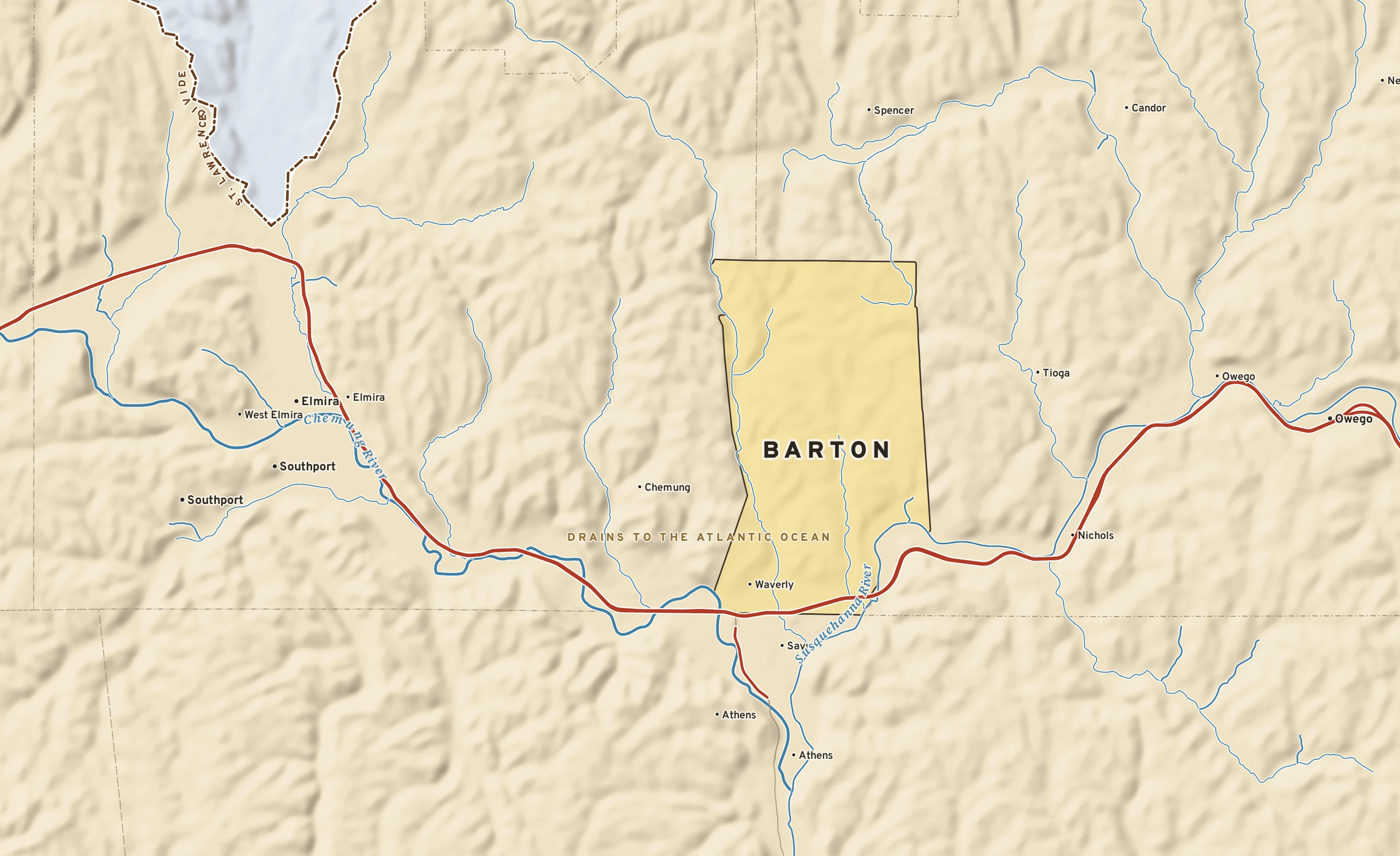 Shaded-relief atlas plate of Barton, New York: rivers, roads, the city limits and where the water drains.