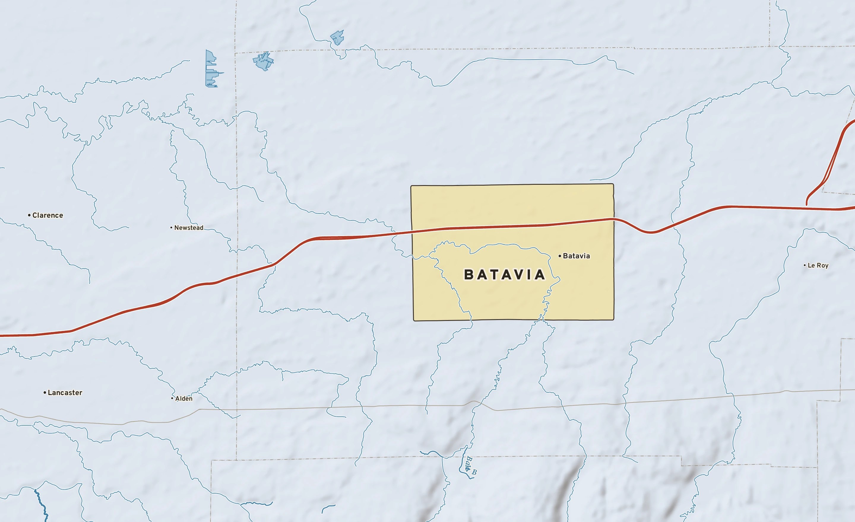 Shaded-relief atlas plate of Batavia, New York: rivers, roads, the city limits and where the water drains.