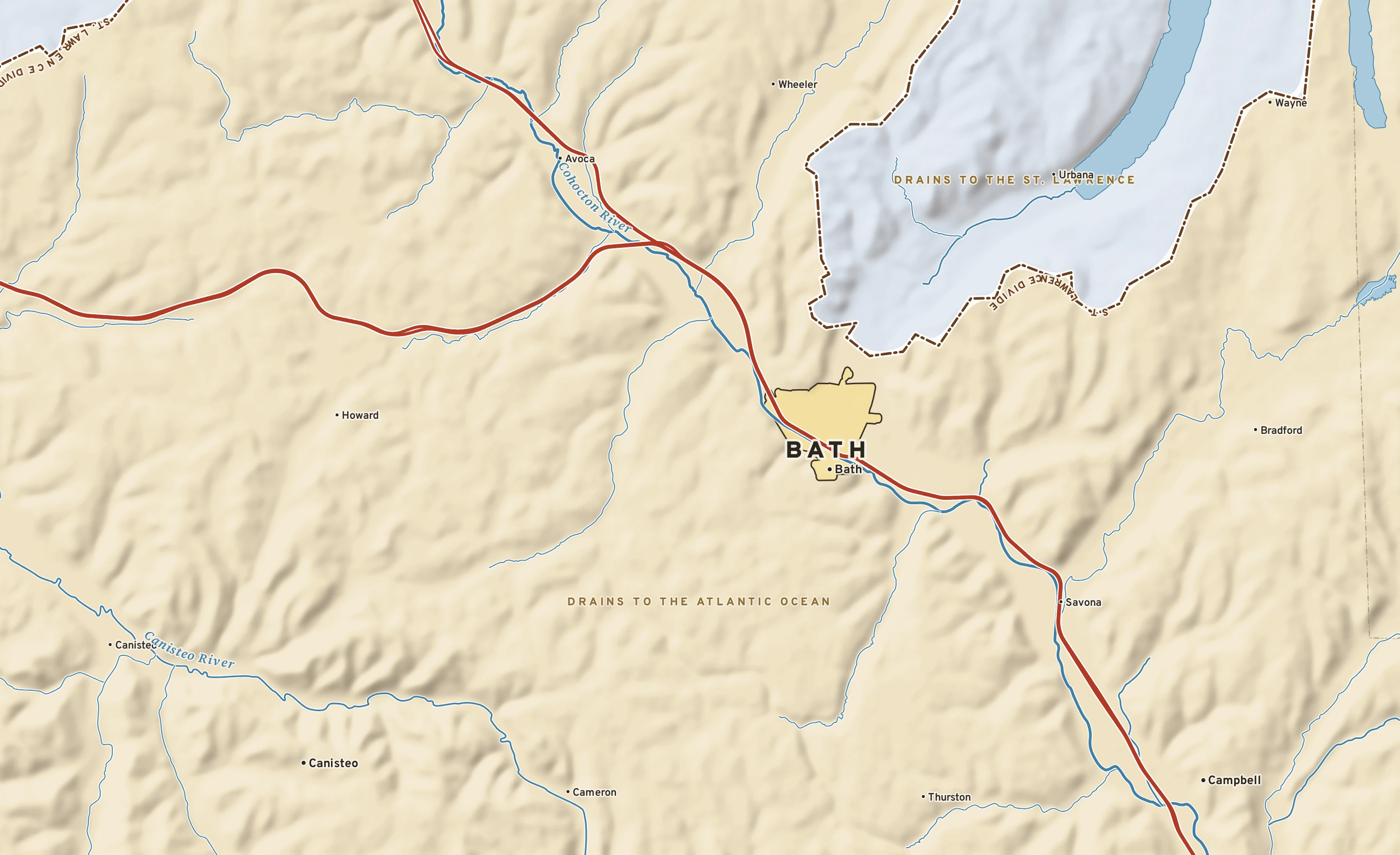 Shaded-relief atlas plate of Bath, New York: rivers, roads, the city limits and where the water drains.