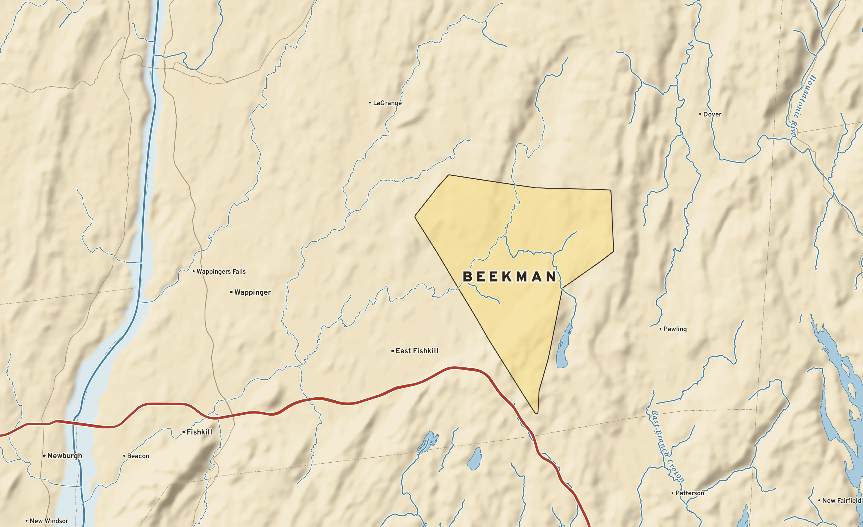 Shaded-relief atlas plate of Beekman, New York: rivers, roads, the city limits and where the water drains.