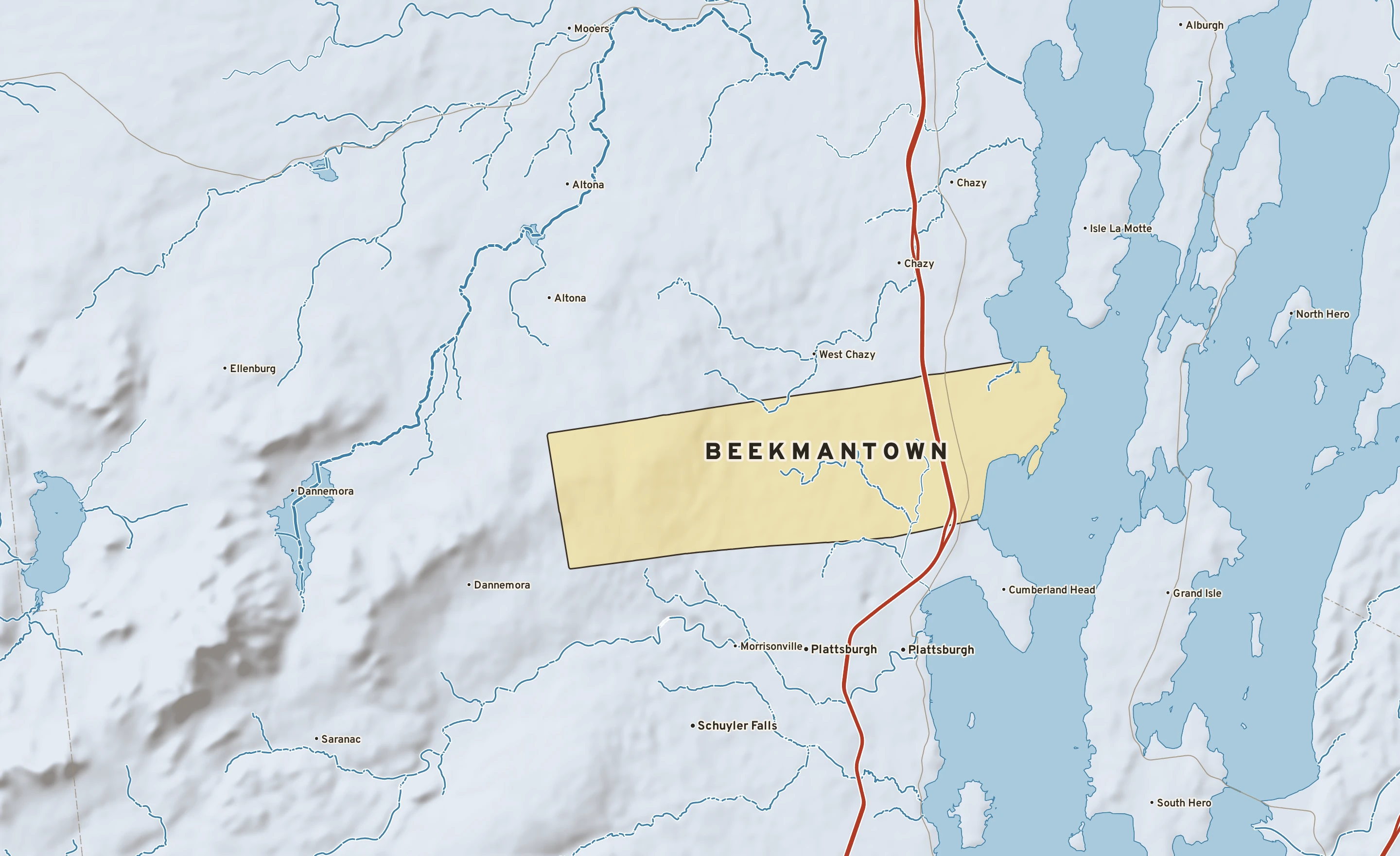 Shaded-relief atlas plate of Beekmantown, New York: rivers, roads, the city limits and where the water drains.