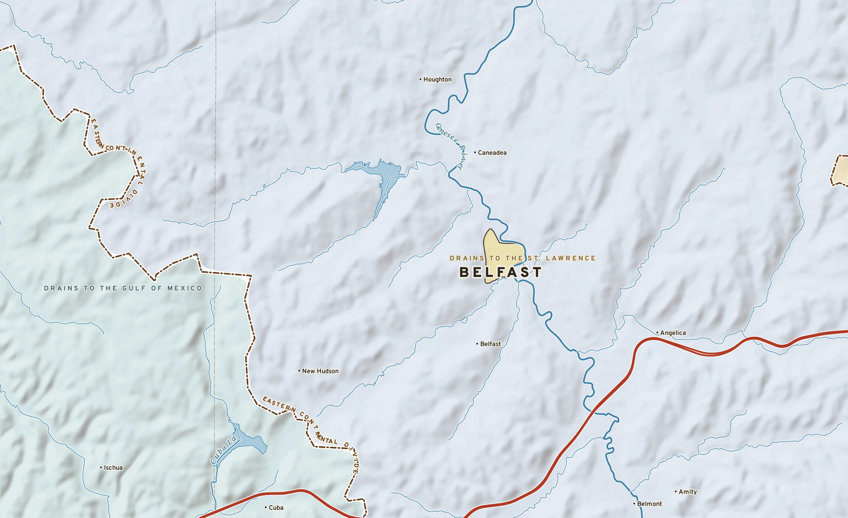 Shaded-relief atlas plate of Belfast, New York: rivers, roads, the city limits and where the water drains.