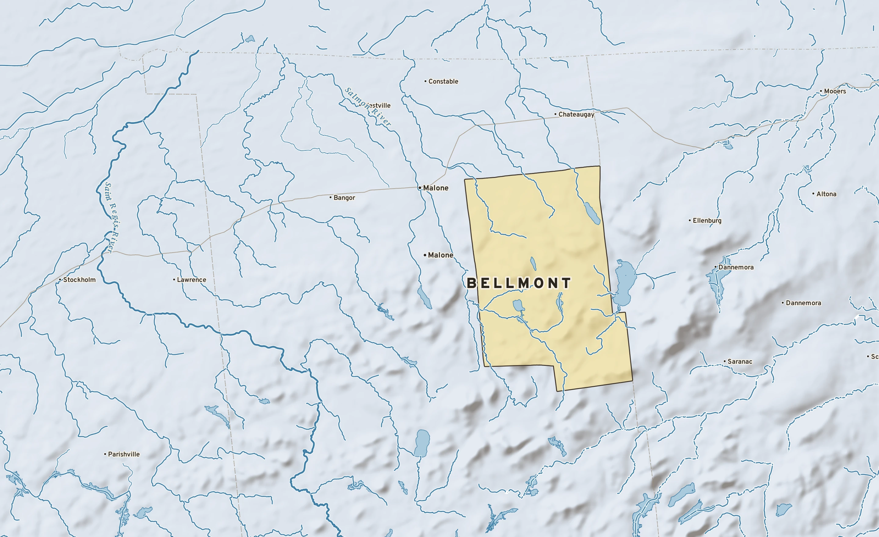 Shaded-relief atlas plate of Bellmont, New York: rivers, roads, the city limits and where the water drains.
