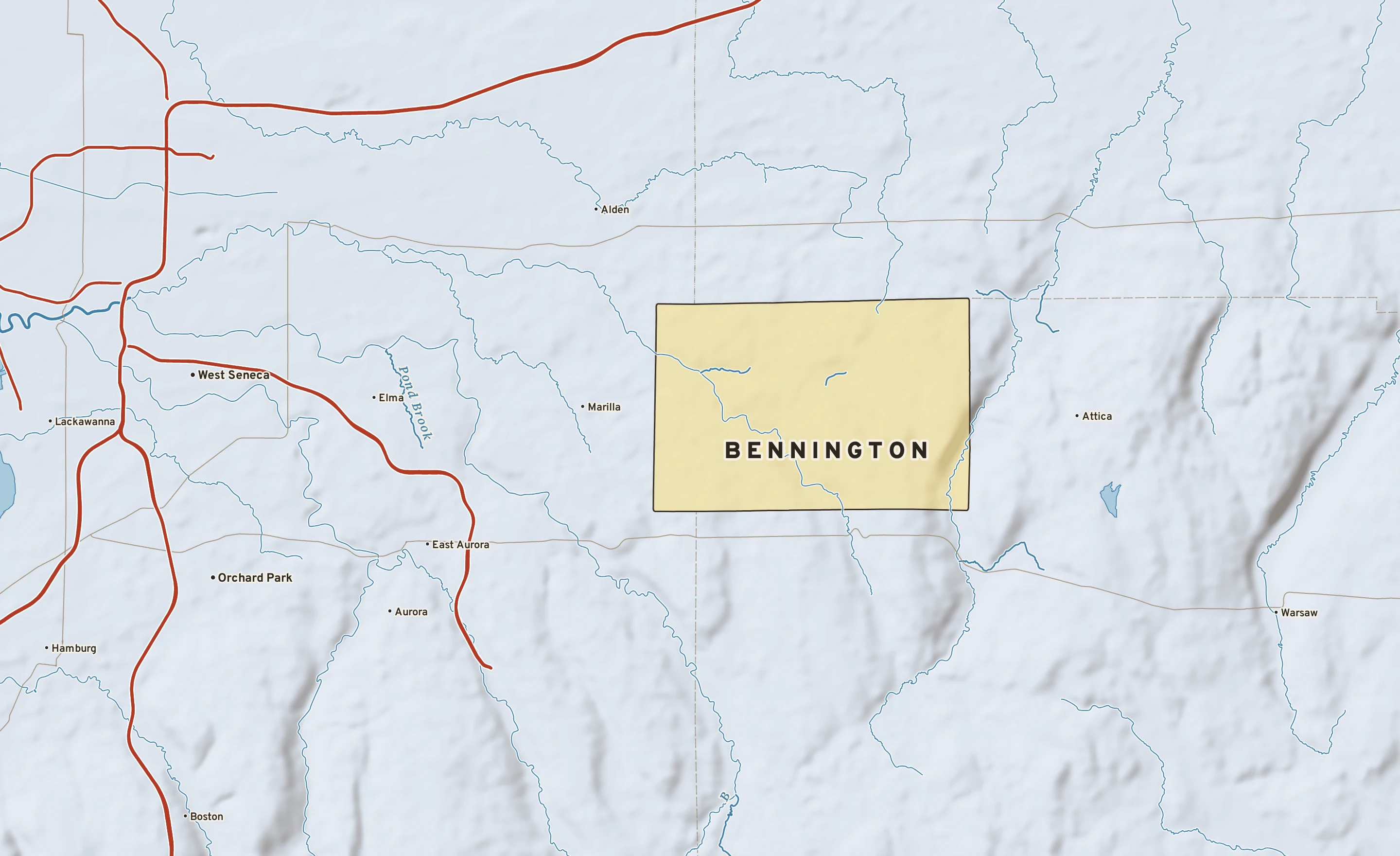Shaded-relief atlas plate of Bennington, New York: rivers, roads, the city limits and where the water drains.