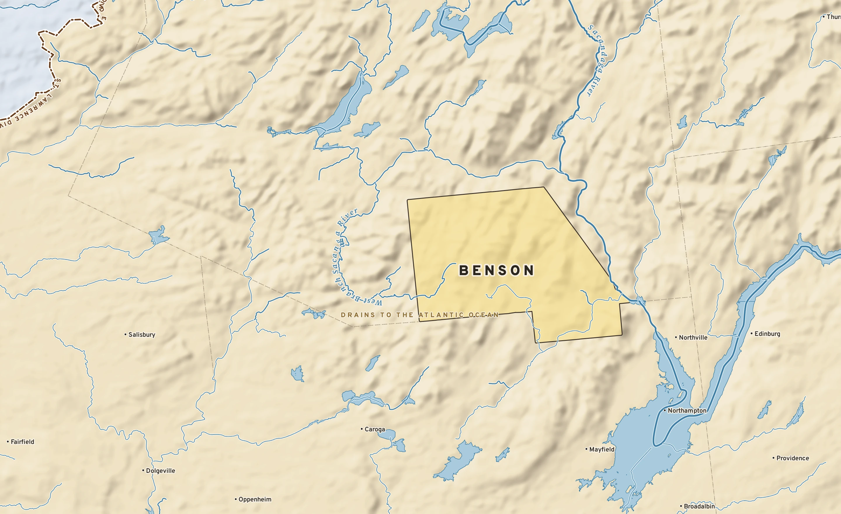 Shaded-relief atlas plate of Benson, New York: rivers, roads, the city limits and where the water drains.