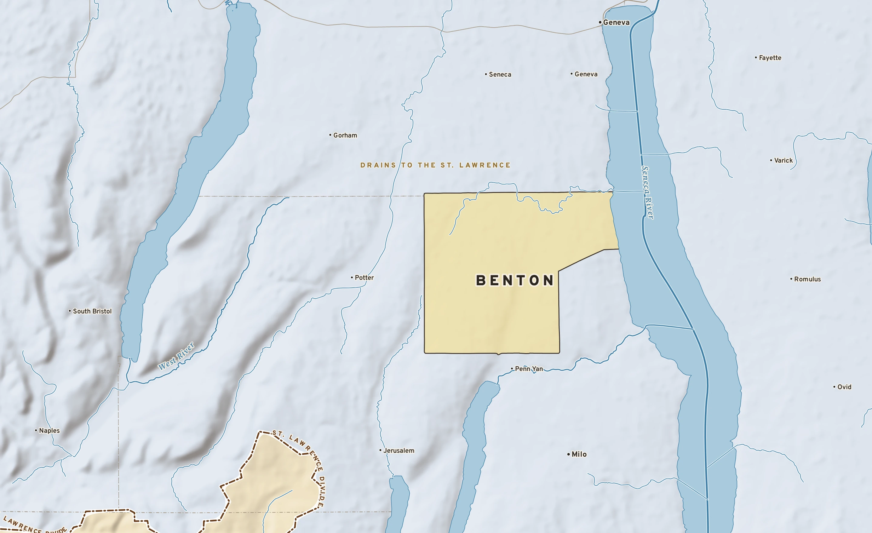 Shaded-relief atlas plate of Benton, New York: rivers, roads, the city limits and where the water drains.