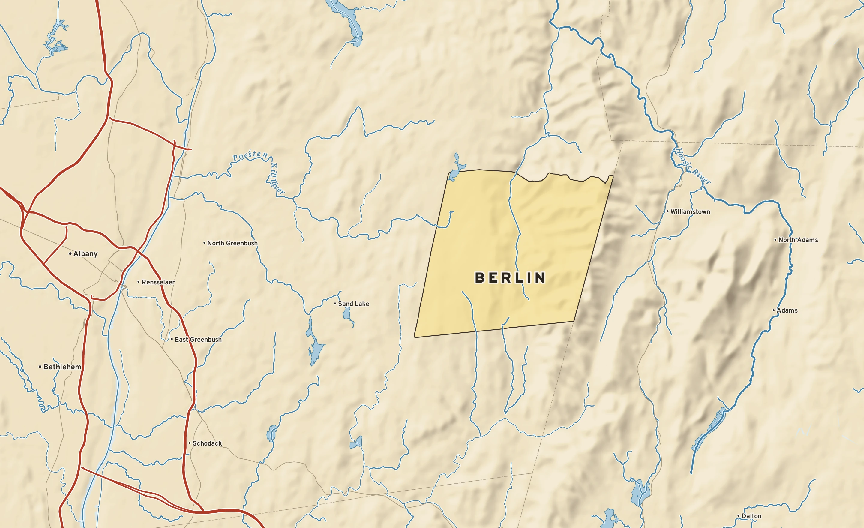 Shaded-relief atlas plate of Berlin, New York: rivers, roads, the city limits and where the water drains.
