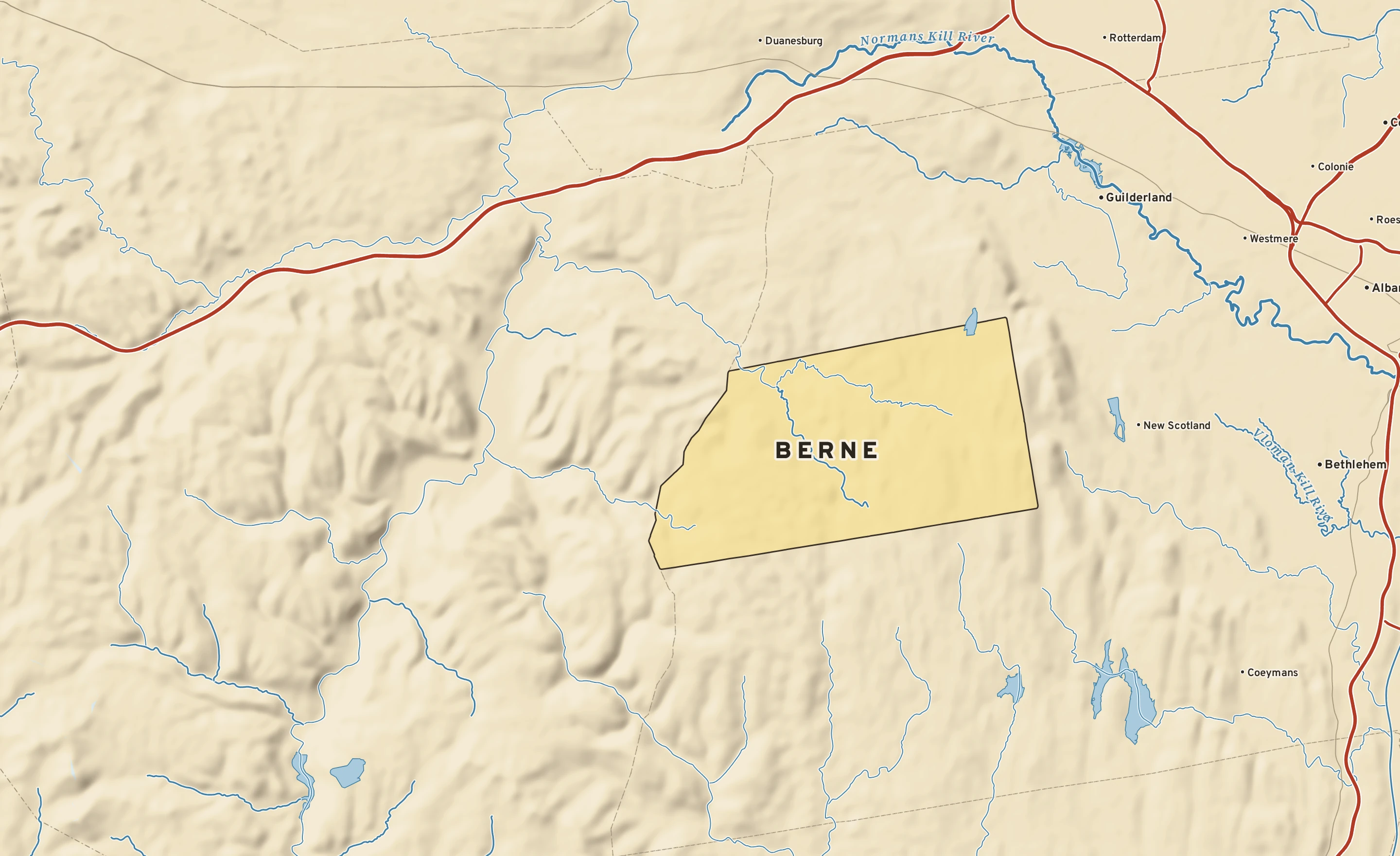 Shaded-relief atlas plate of Berne, New York: rivers, roads, the city limits and where the water drains.