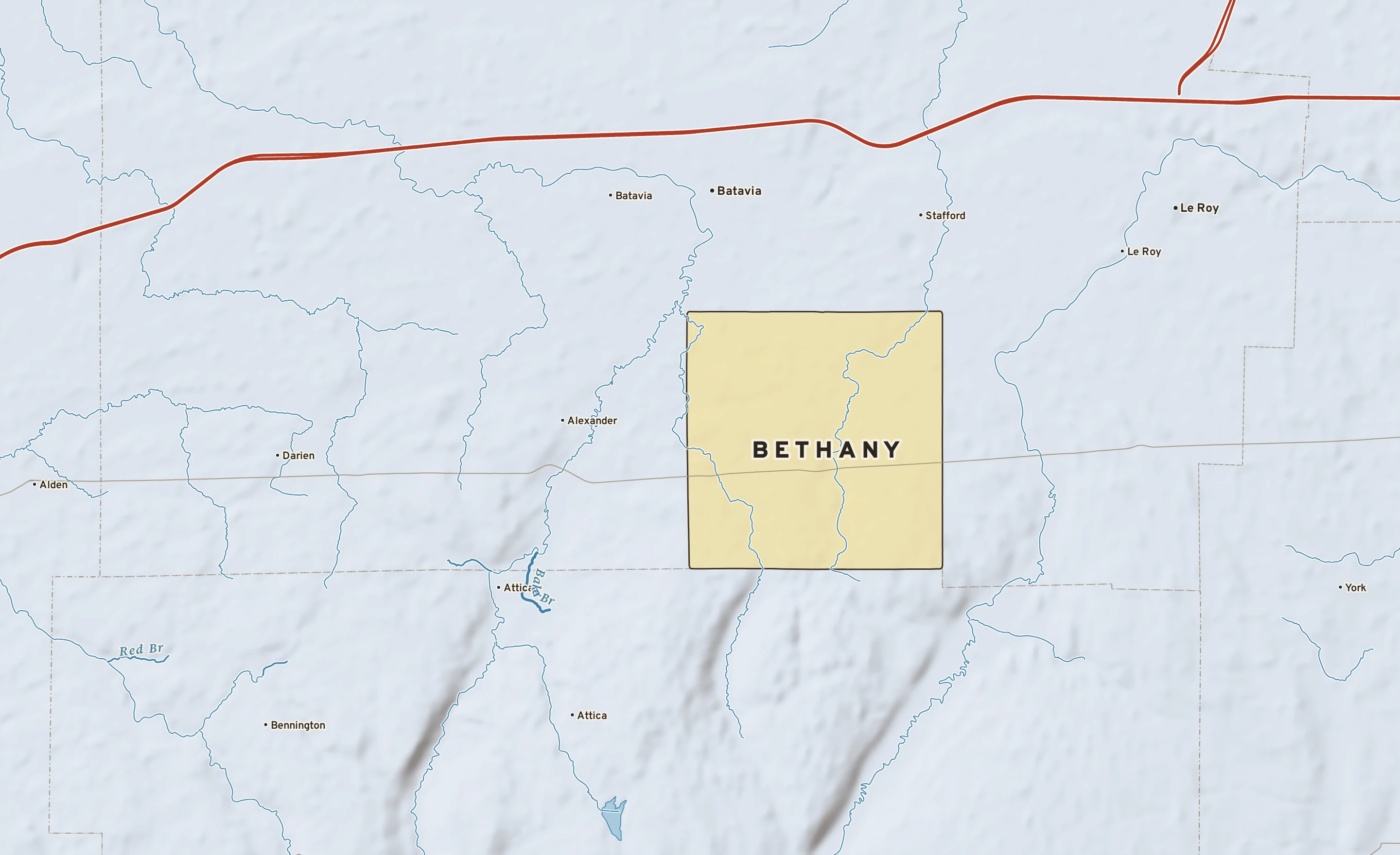 Shaded-relief atlas plate of Bethany, New York: rivers, roads, the city limits and where the water drains.