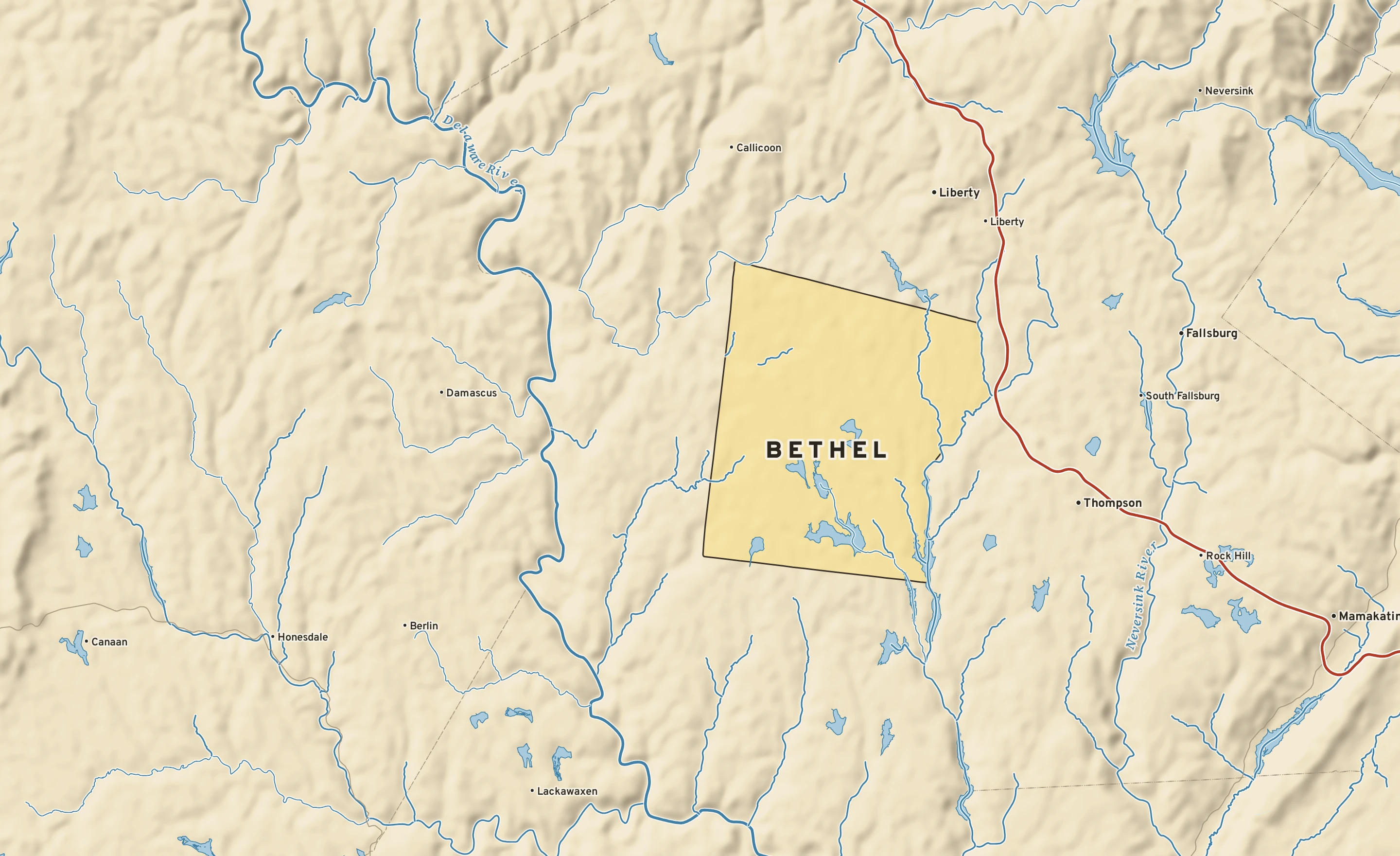 Shaded-relief atlas plate of Bethel, New York: rivers, roads, the city limits and where the water drains.