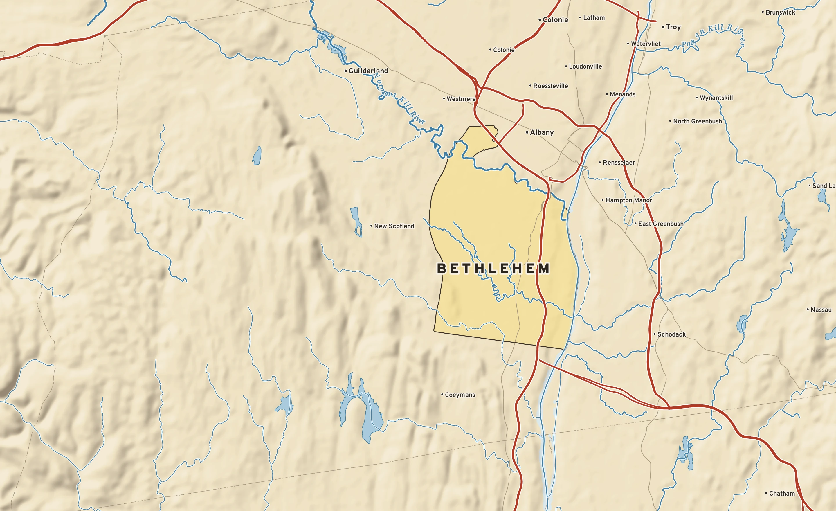 Shaded-relief atlas plate of Bethlehem, New York: rivers, roads, the city limits and where the water drains.