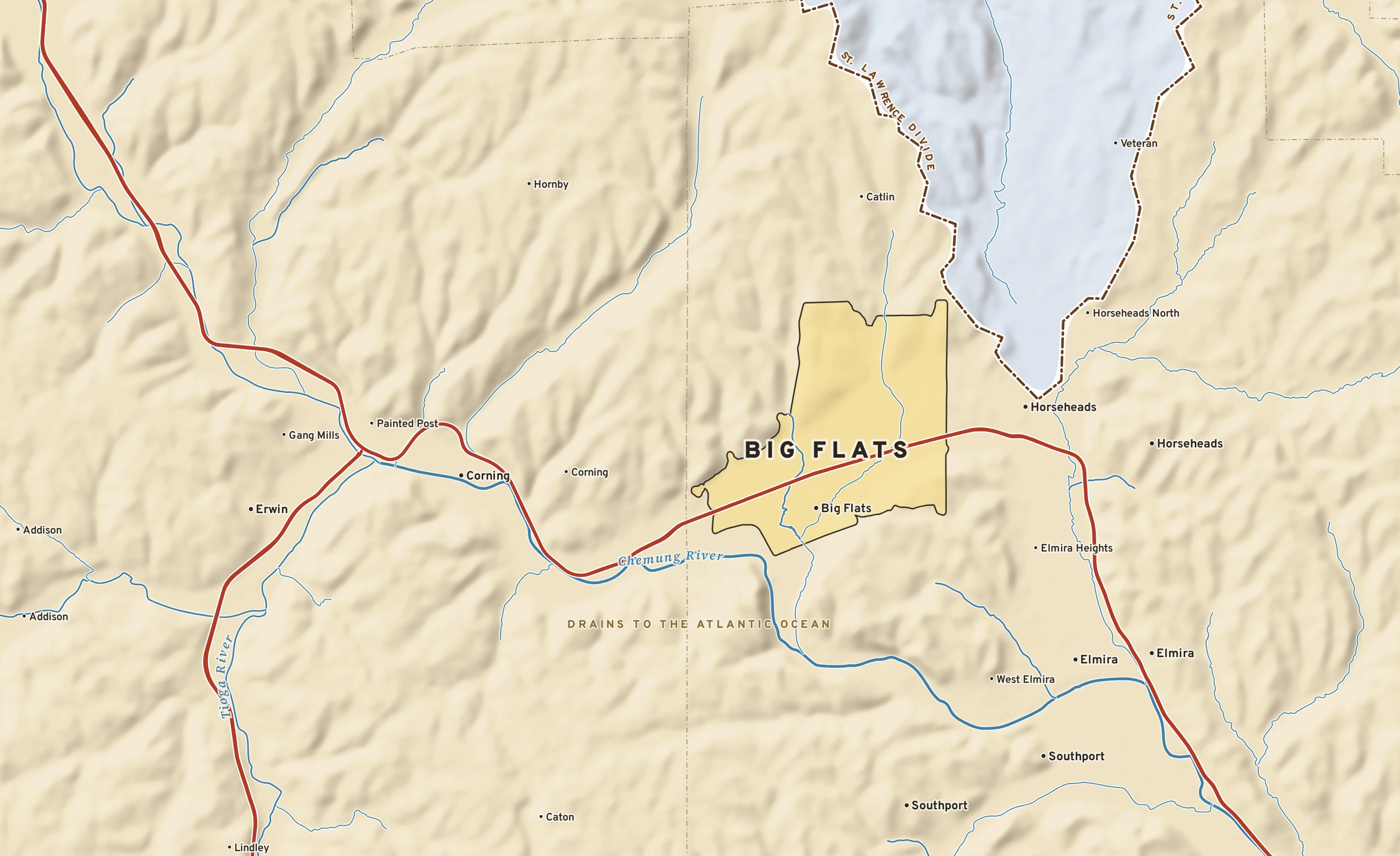 Shaded-relief atlas plate of Big Flats, New York: rivers, roads, the city limits and where the water drains.