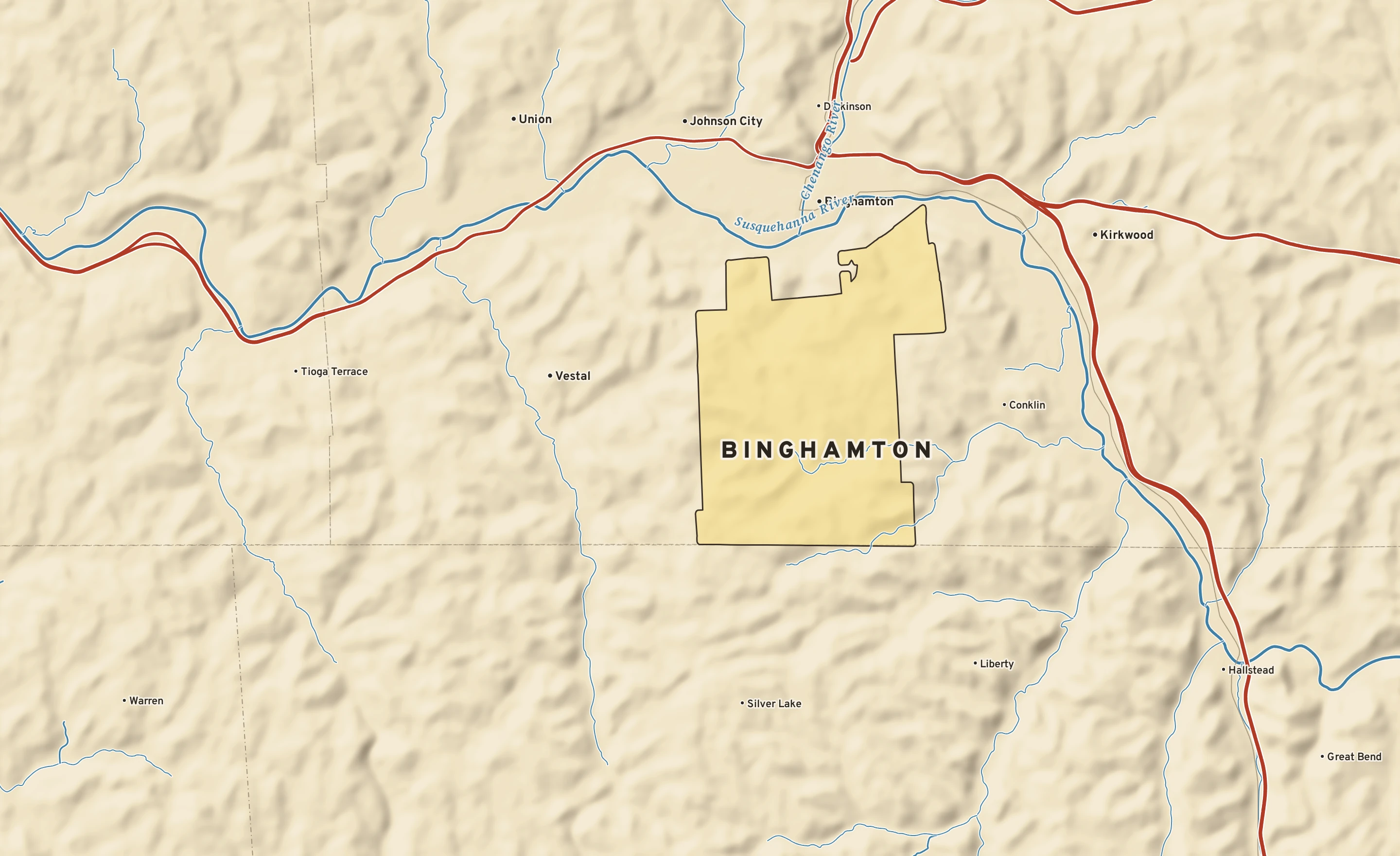 Shaded-relief atlas plate of Binghamton, New York: rivers, roads, the city limits and where the water drains.