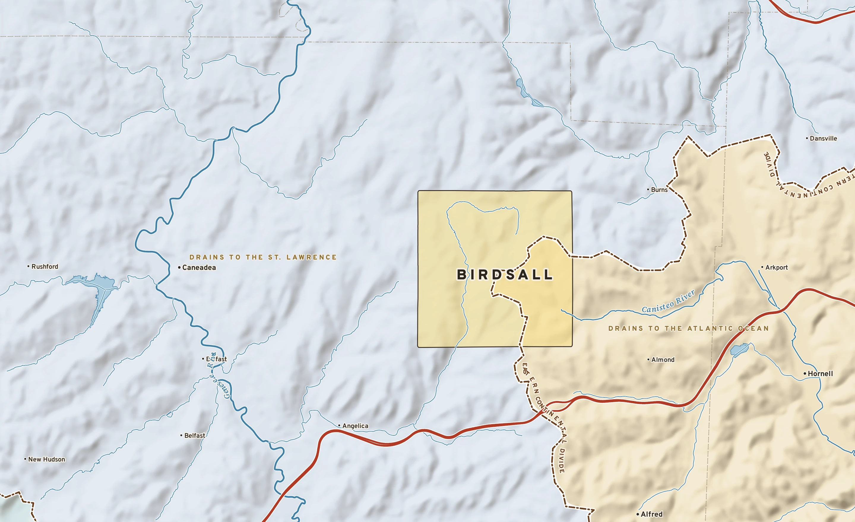 Shaded-relief atlas plate of Birdsall, New York: rivers, roads, the city limits and where the water drains.