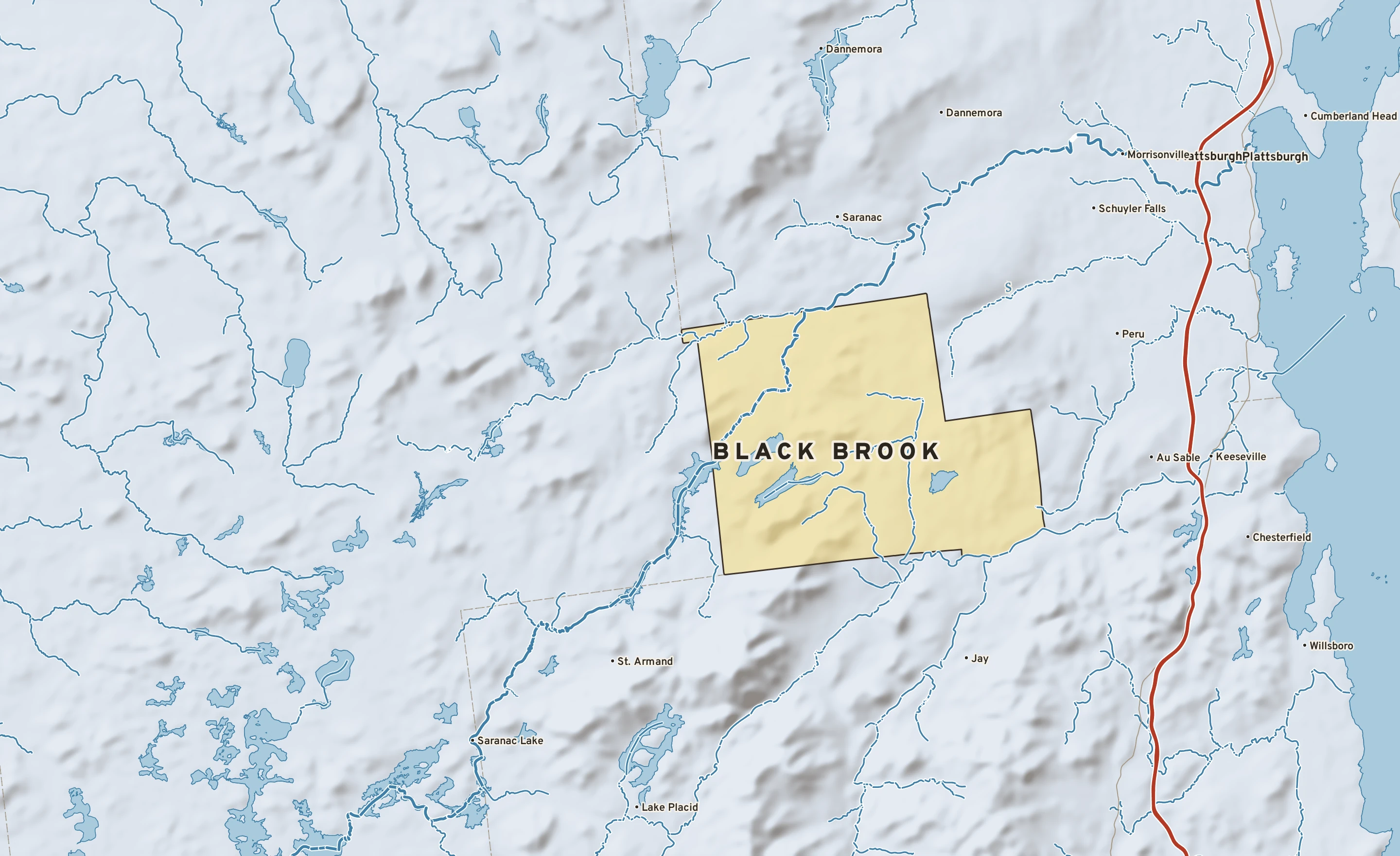 Shaded-relief atlas plate of Black Brook, New York: rivers, roads, the city limits and where the water drains.