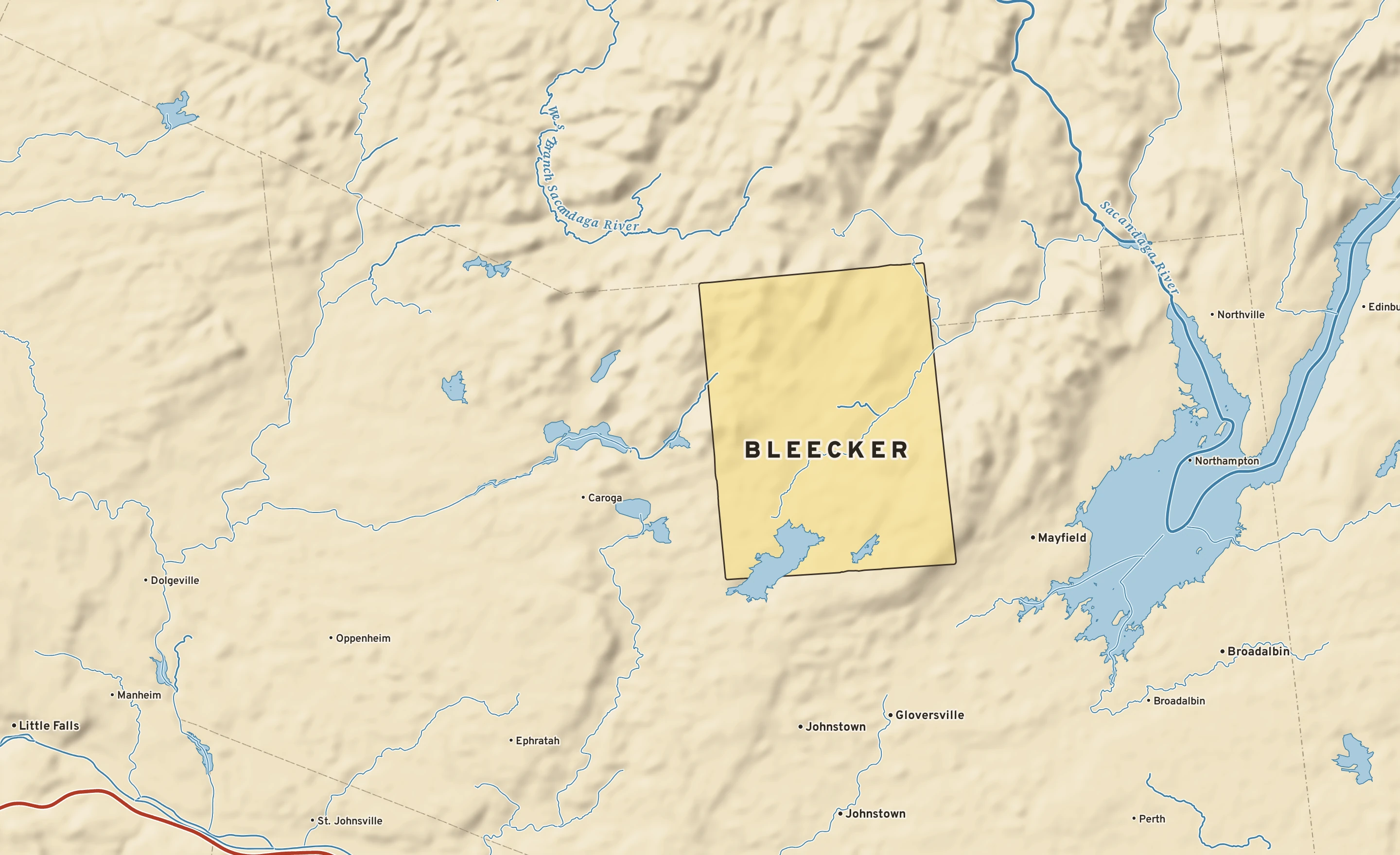Shaded-relief atlas plate of Bleecker, New York: rivers, roads, the city limits and where the water drains.