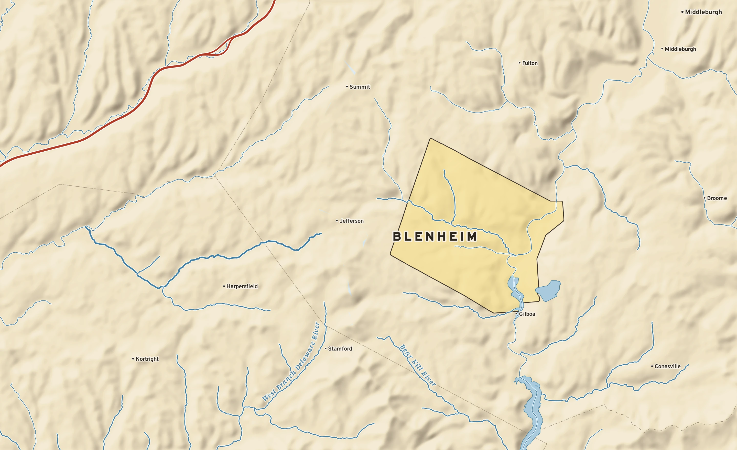 Shaded-relief atlas plate of Blenheim, New York: rivers, roads, the city limits and where the water drains.