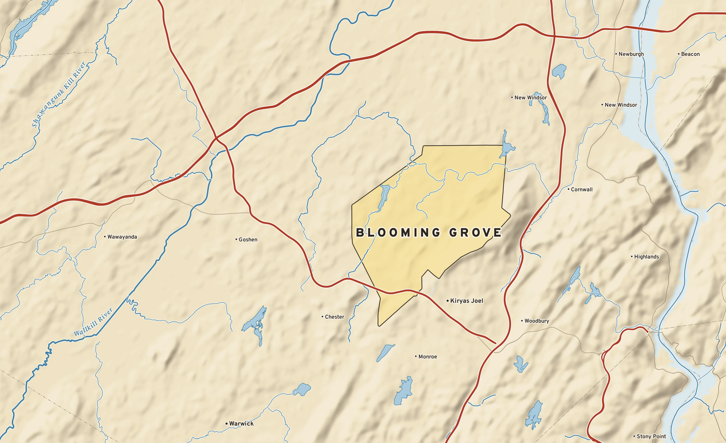 Shaded-relief atlas plate of Blooming Grove, New York: rivers, roads, the city limits and where the water drains.