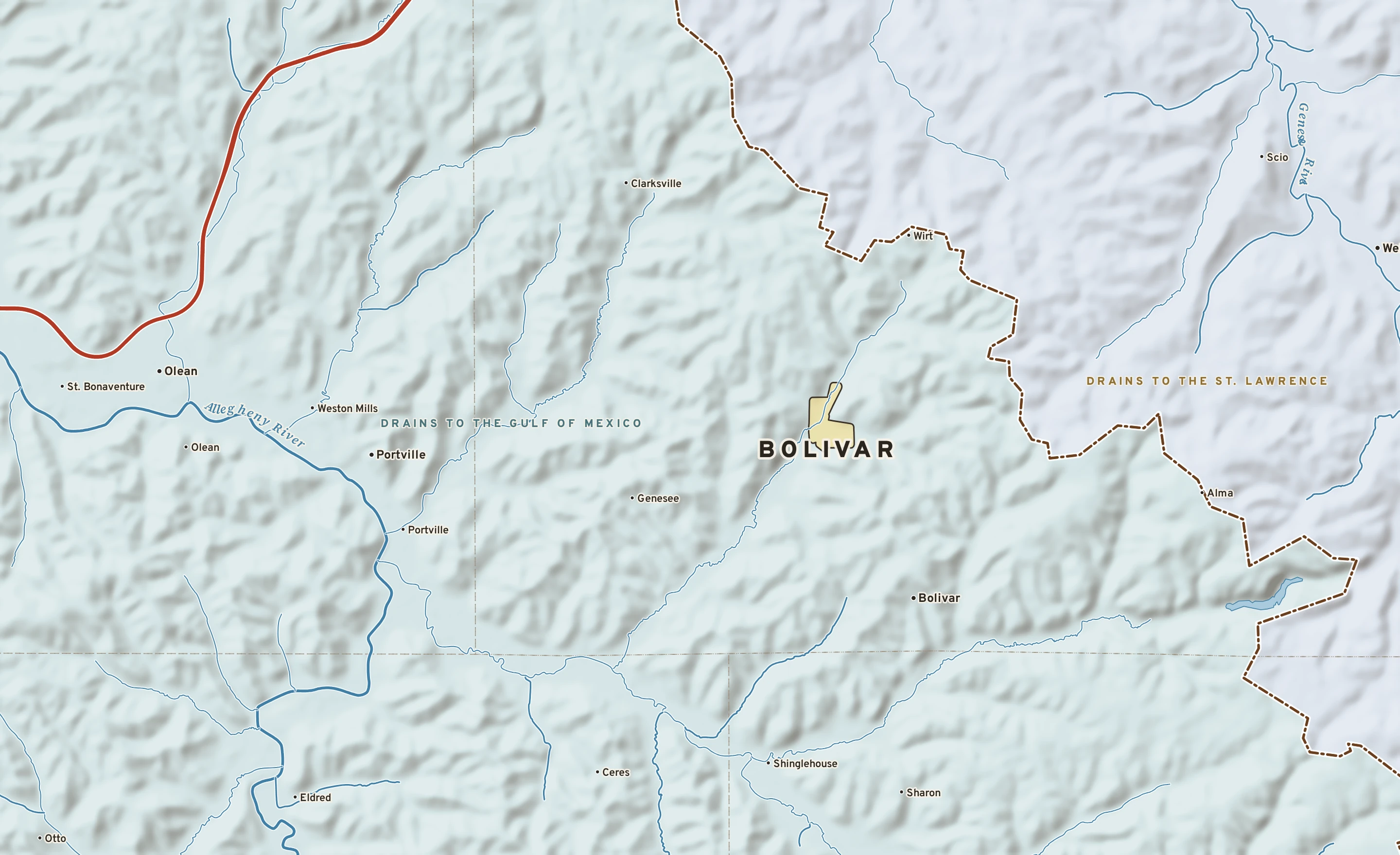 Shaded-relief atlas plate of Bolivar, New York: rivers, roads, the city limits and where the water drains.