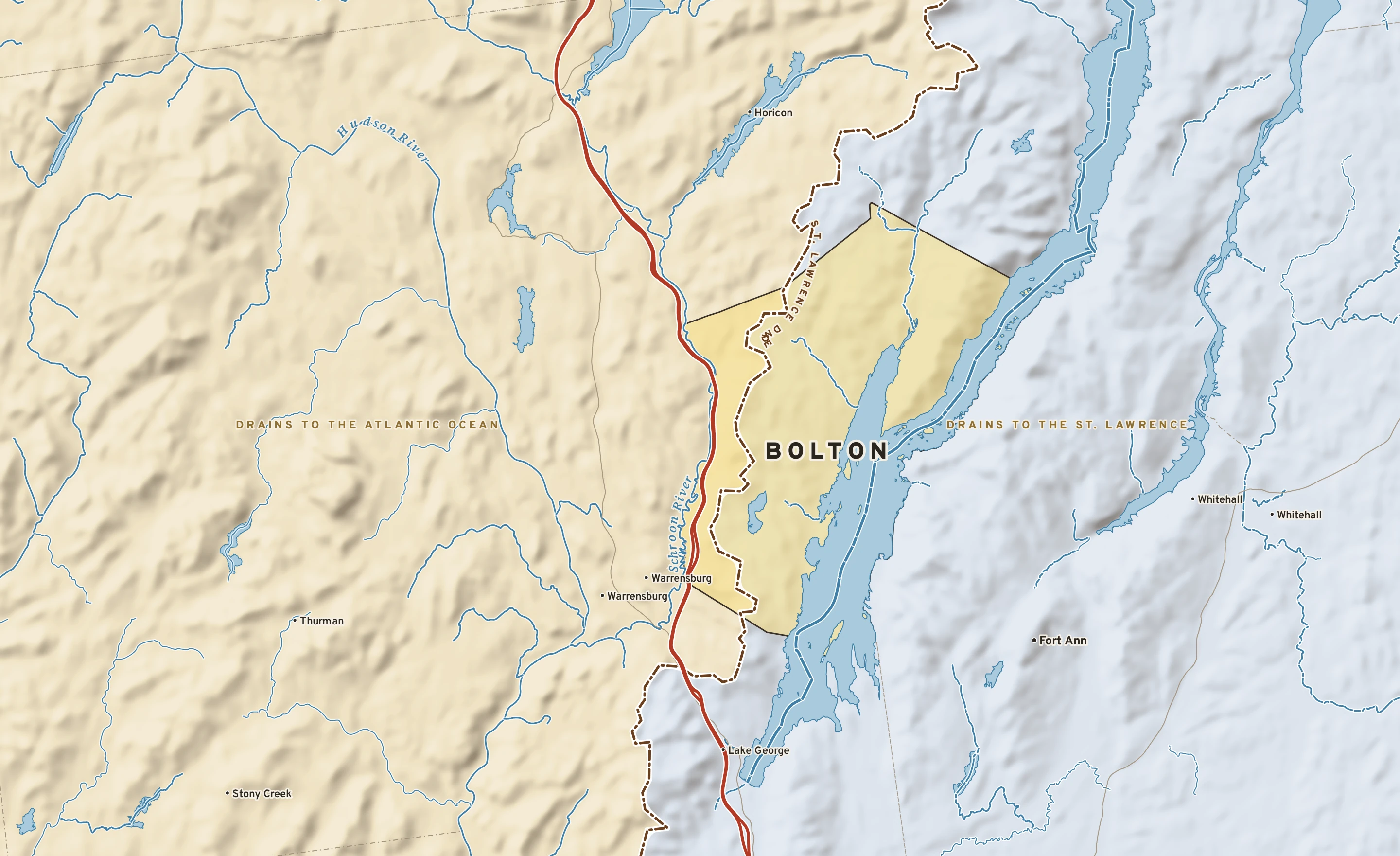 Shaded-relief atlas plate of Bolton, New York: rivers, roads, the city limits and where the water drains.