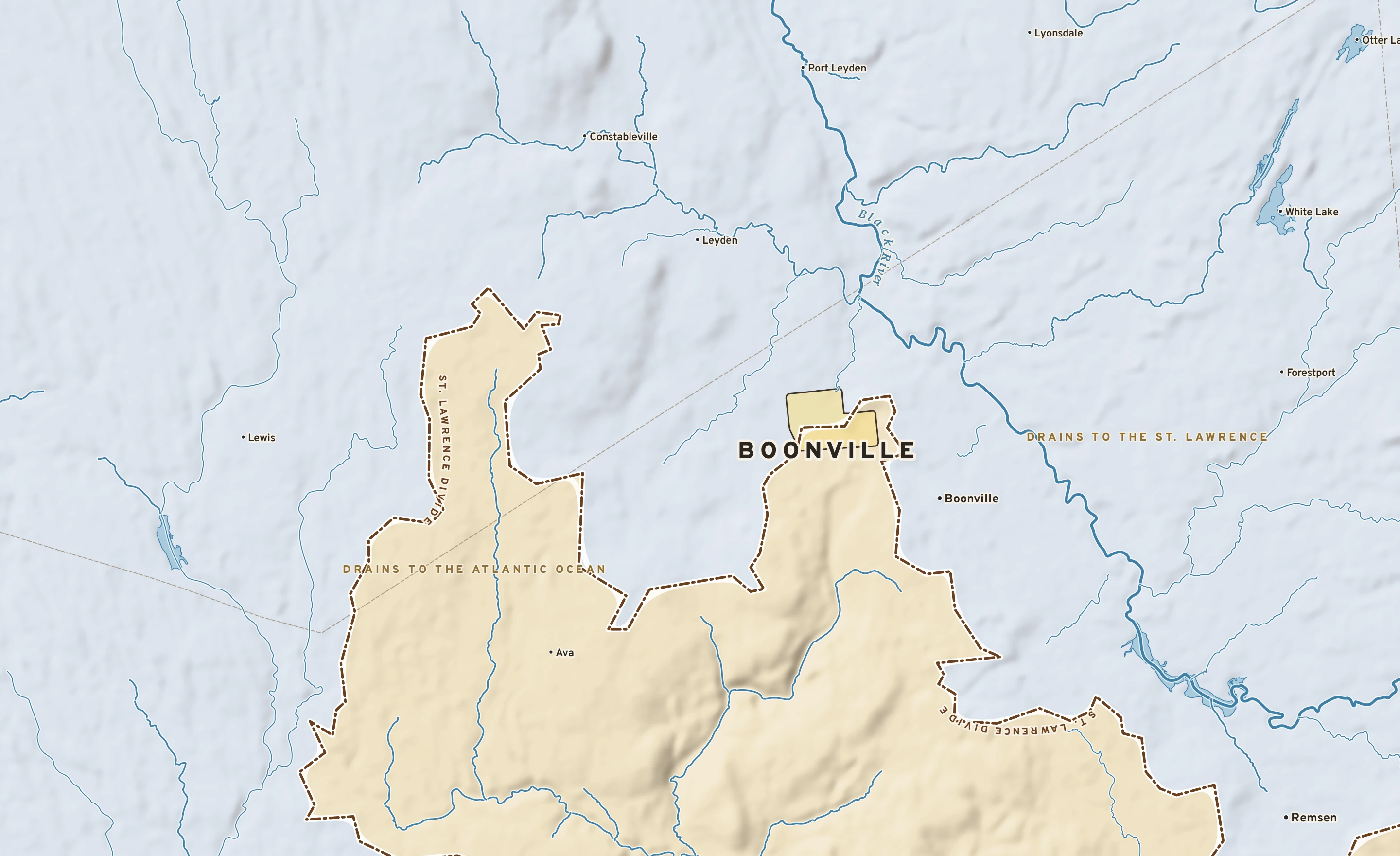Shaded-relief atlas plate of Boonville, New York: rivers, roads, the city limits and where the water drains.