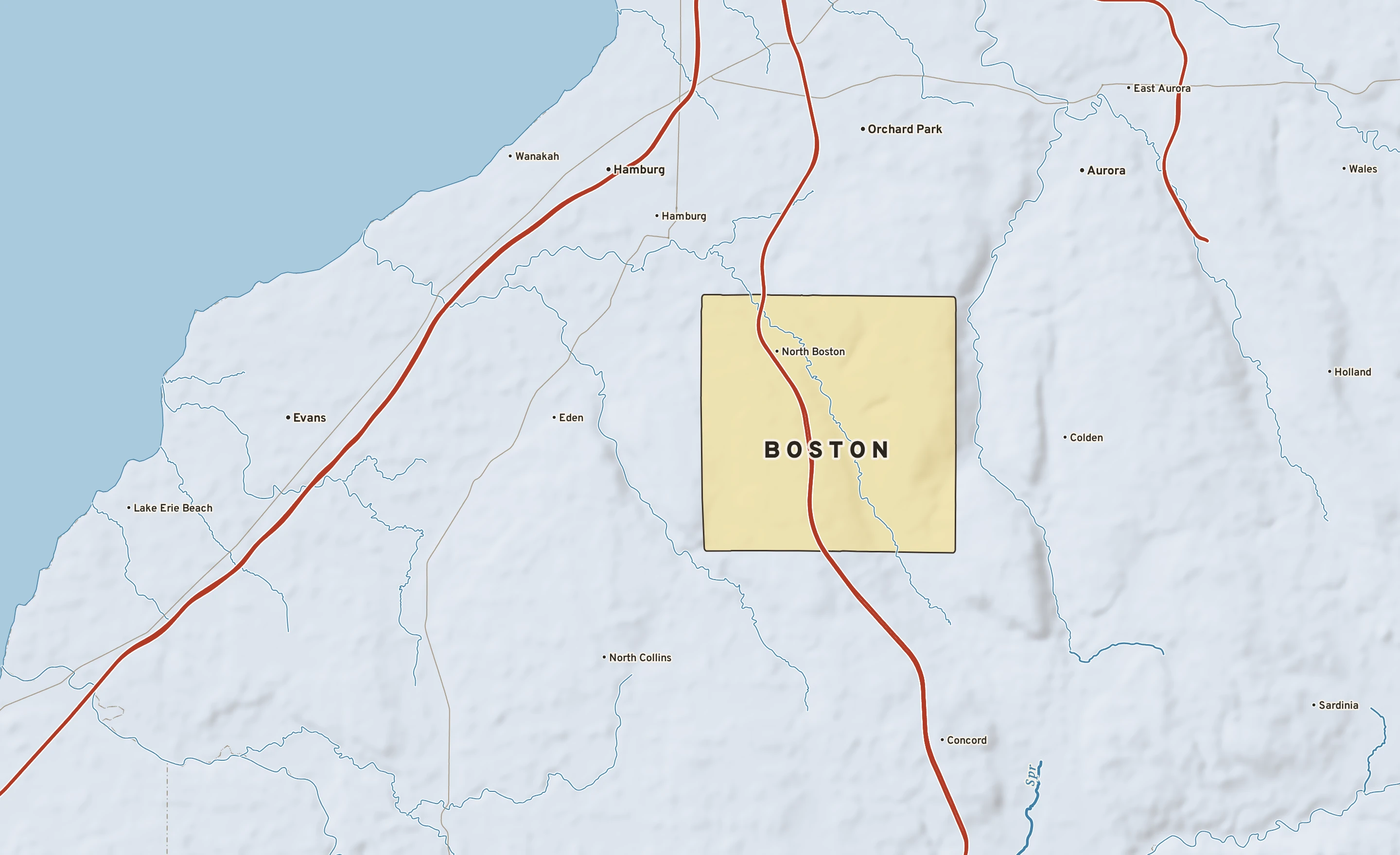 Shaded-relief atlas plate of Boston, New York: rivers, roads, the city limits and where the water drains.