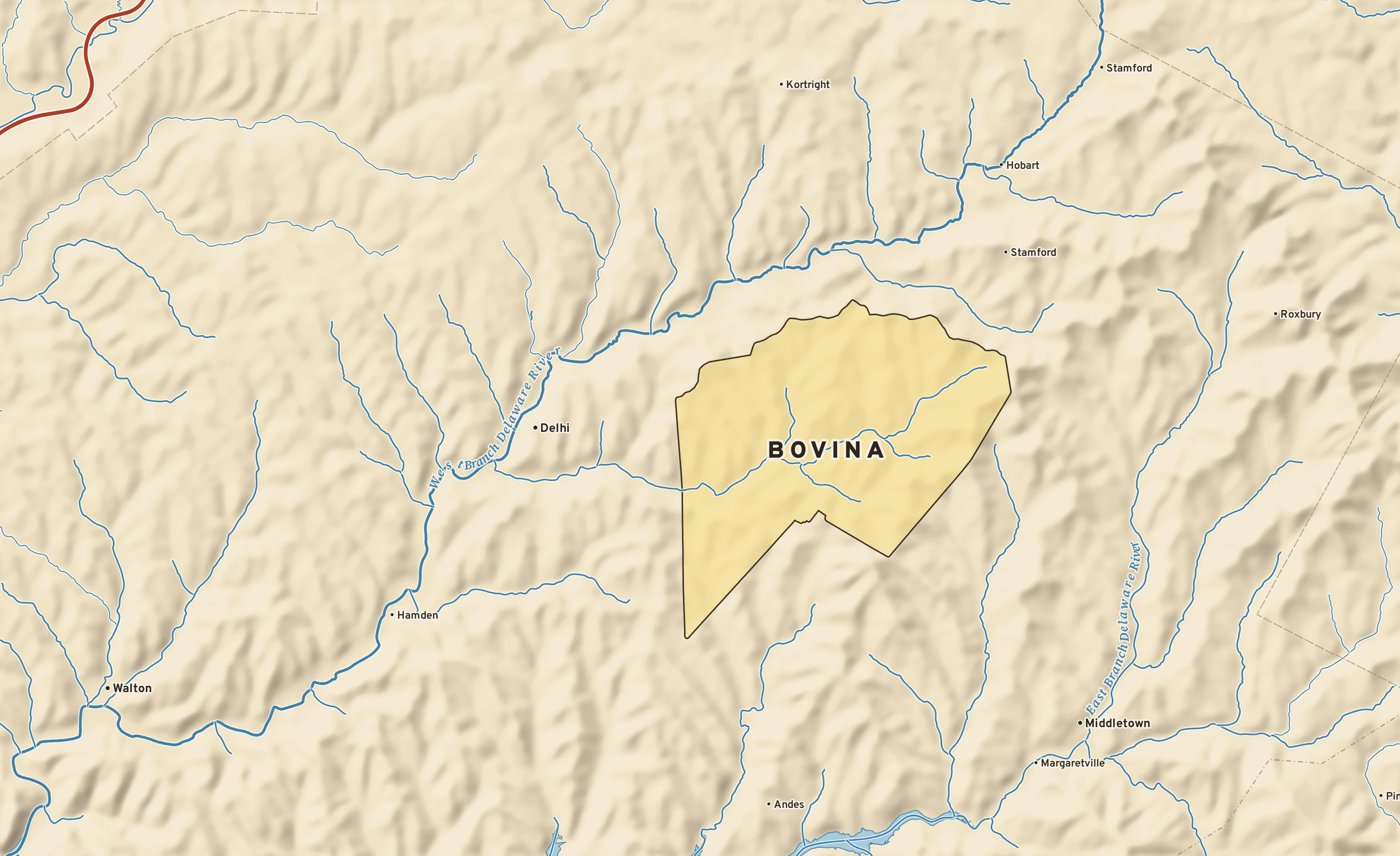 Shaded-relief atlas plate of Bovina, New York: rivers, roads, the city limits and where the water drains.