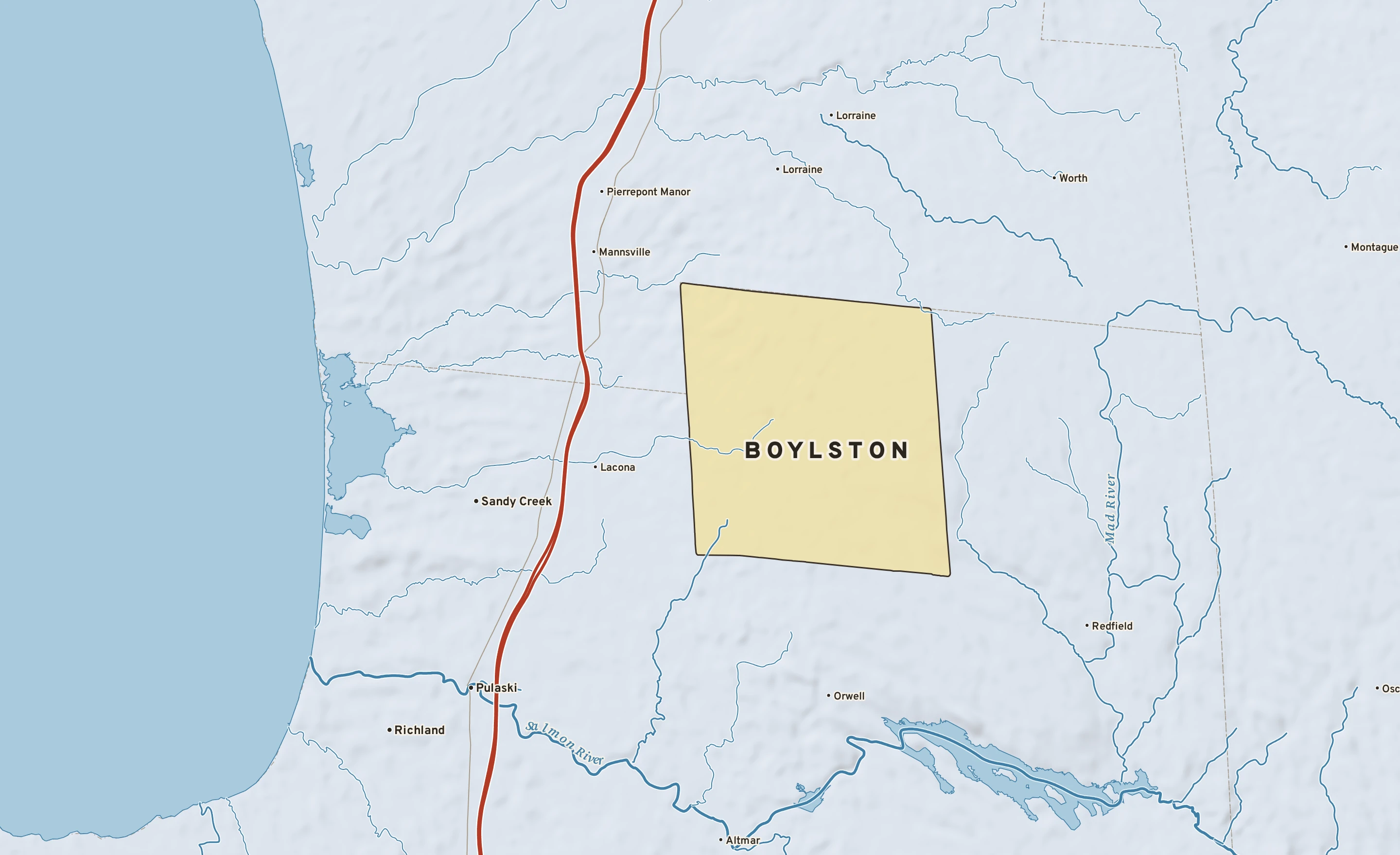 Shaded-relief atlas plate of Boylston, New York: rivers, roads, the city limits and where the water drains.
