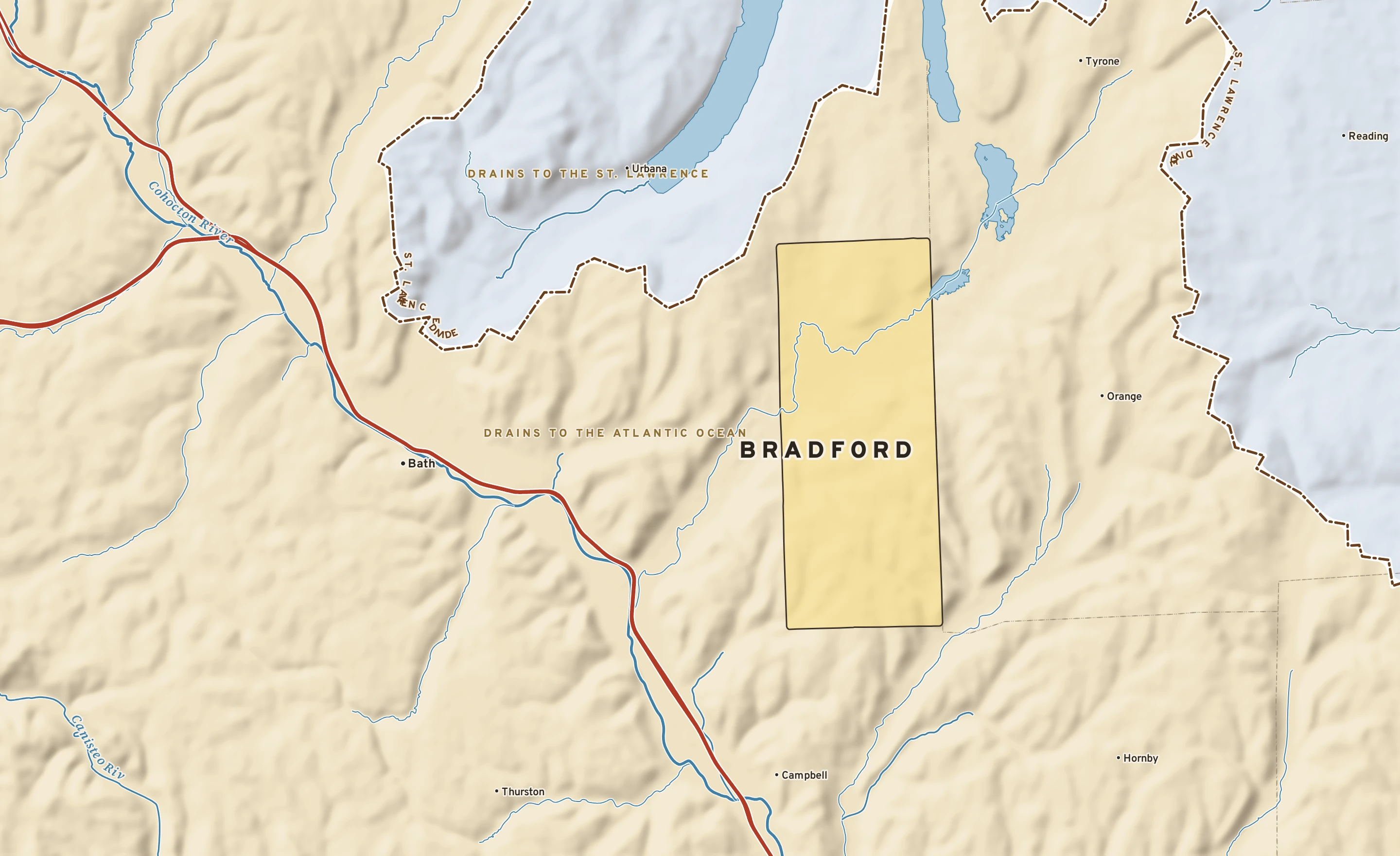 Shaded-relief atlas plate of Bradford, New York: rivers, roads, the city limits and where the water drains.