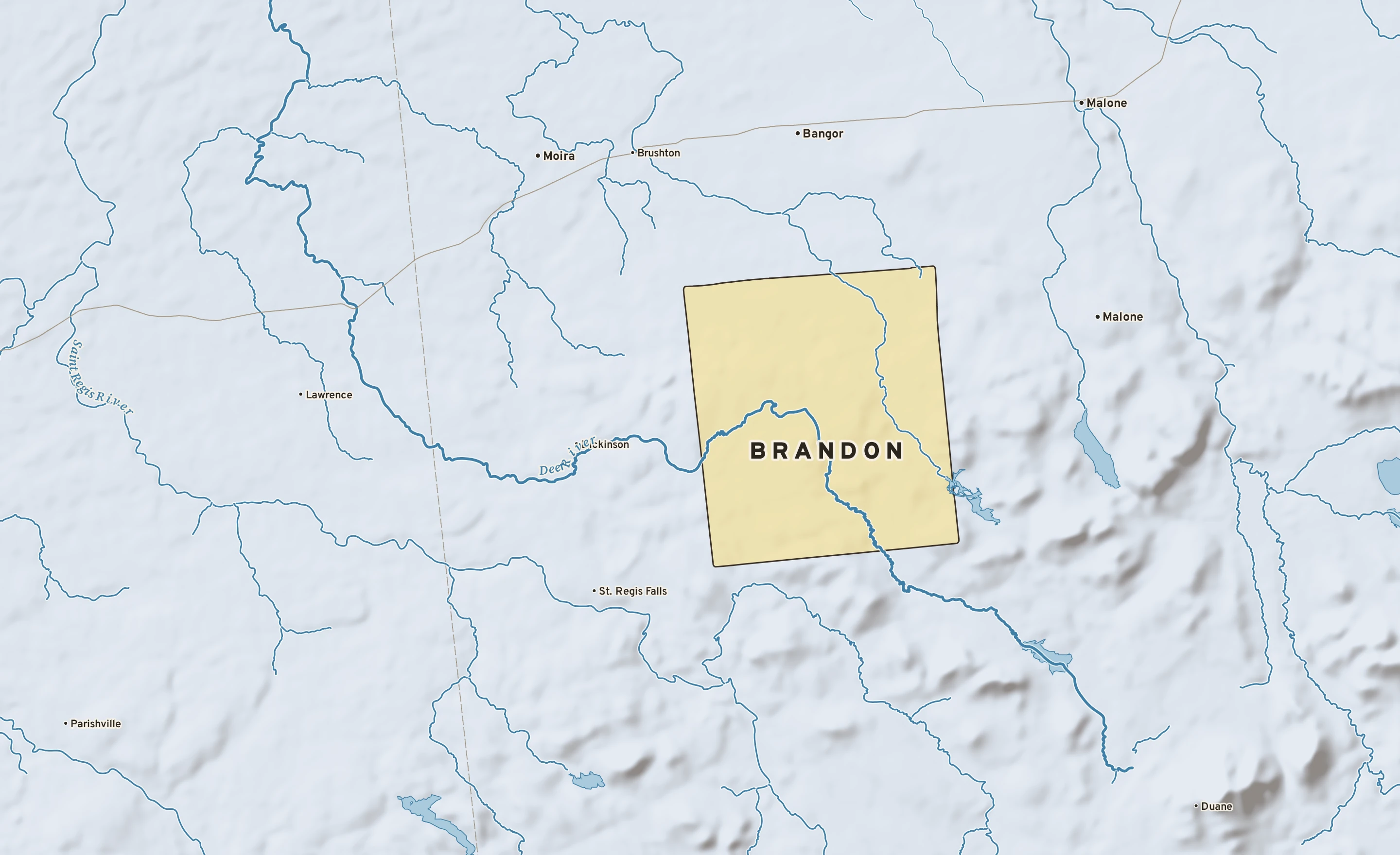Shaded-relief atlas plate of Brandon, New York: rivers, roads, the city limits and where the water drains.
