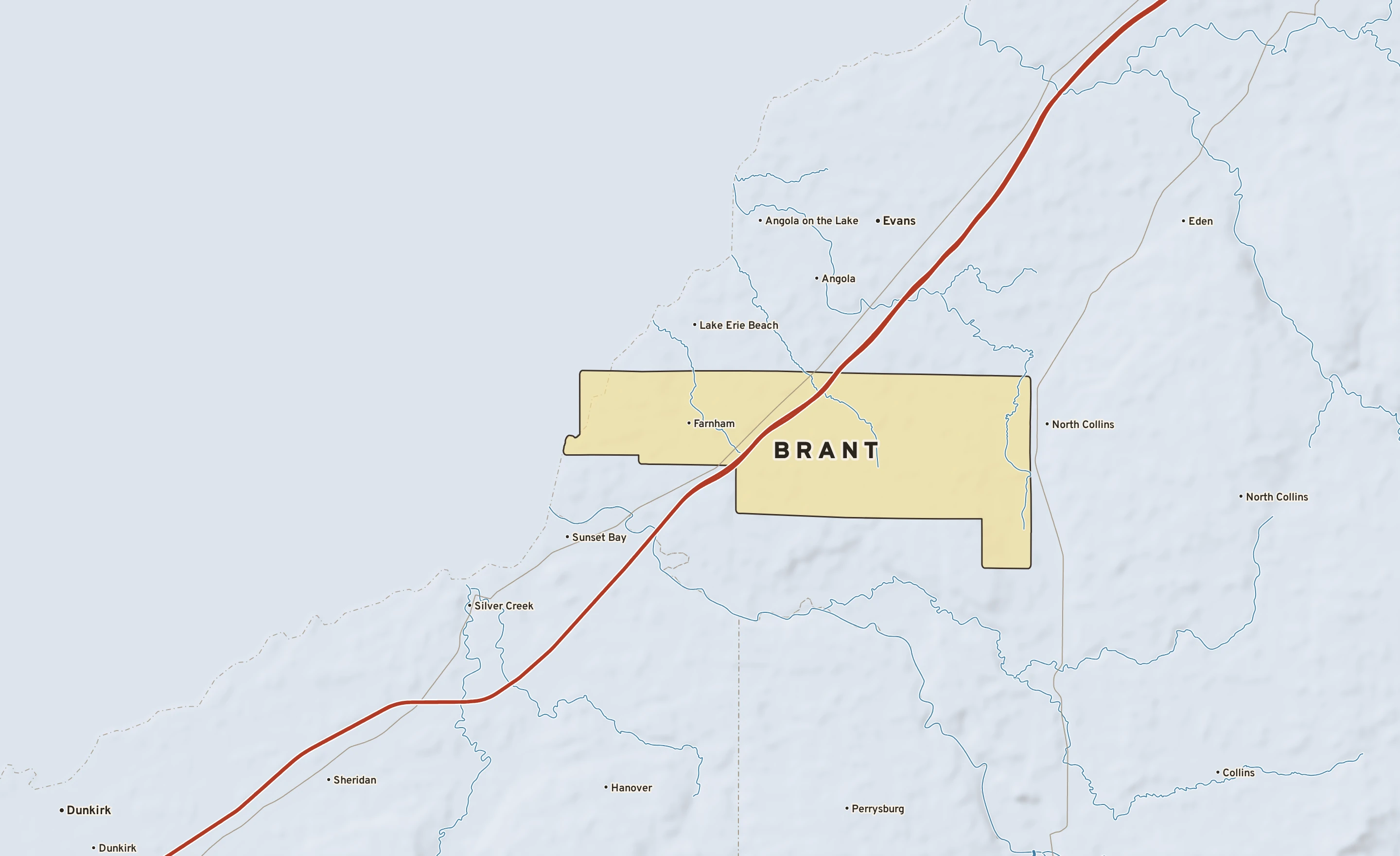 Shaded-relief atlas plate of Brant, New York: rivers, roads, the city limits and where the water drains.