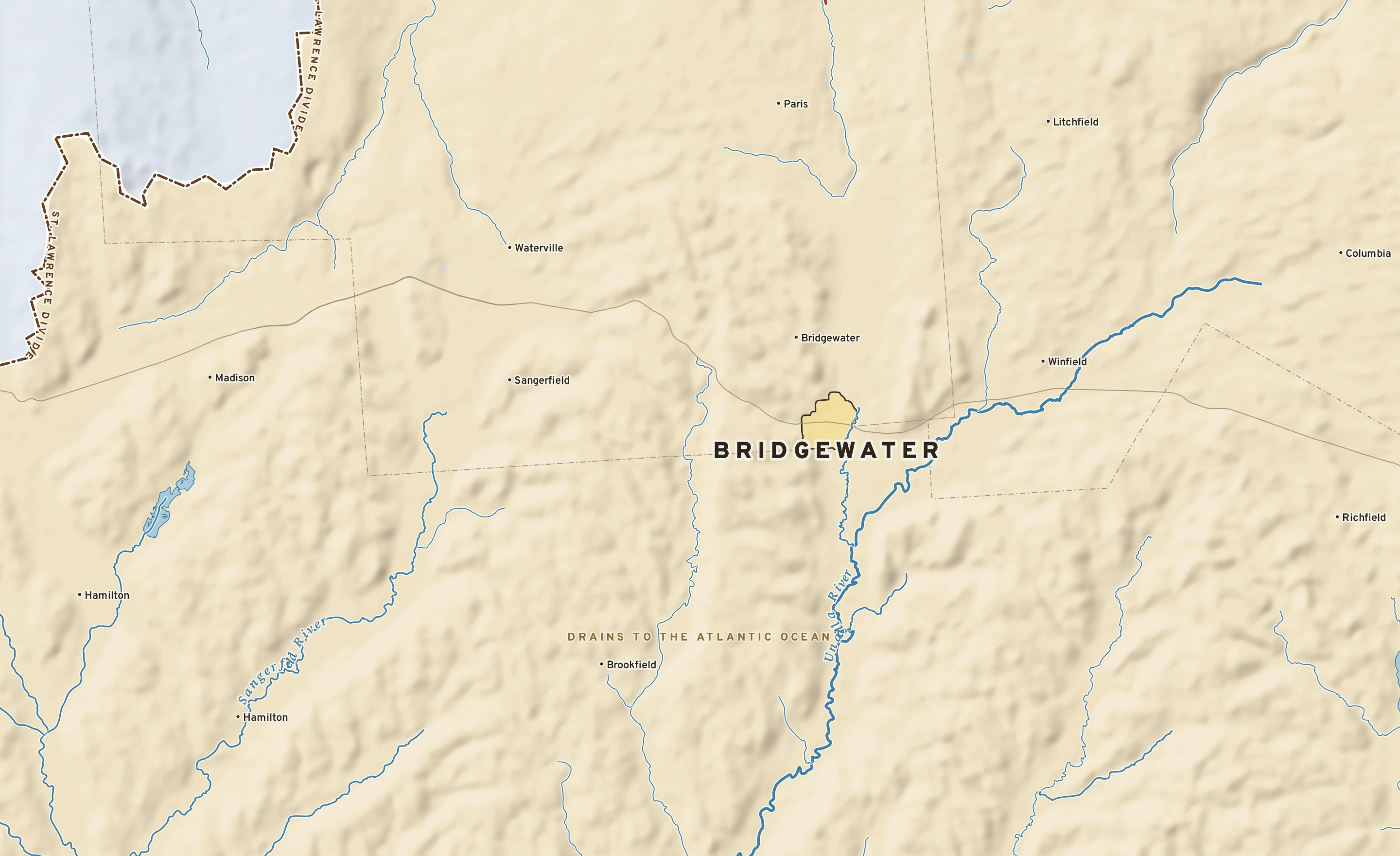 Shaded-relief atlas plate of Bridgewater, New York: rivers, roads, the city limits and where the water drains.