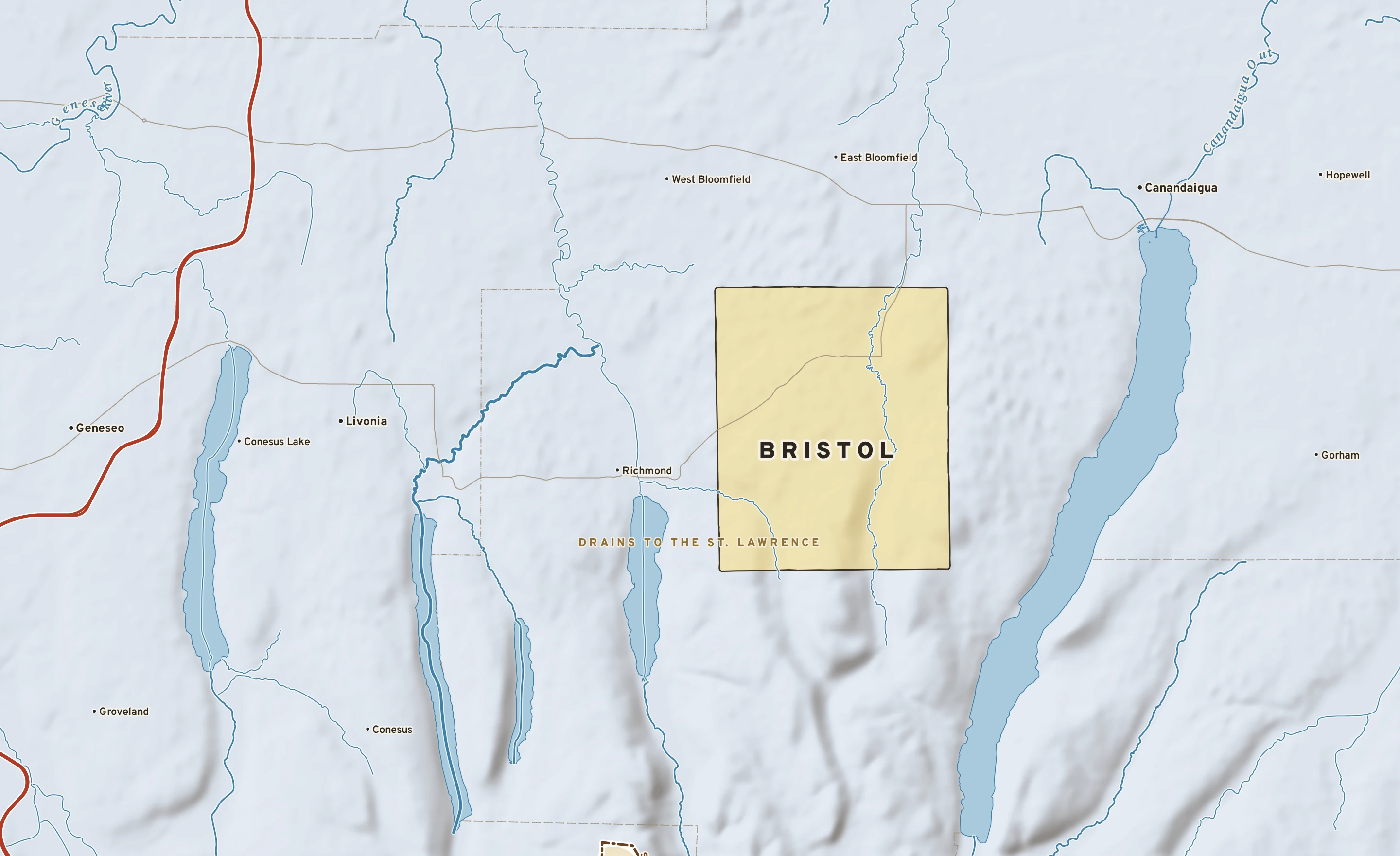 Shaded-relief atlas plate of Bristol, New York: rivers, roads, the city limits and where the water drains.
