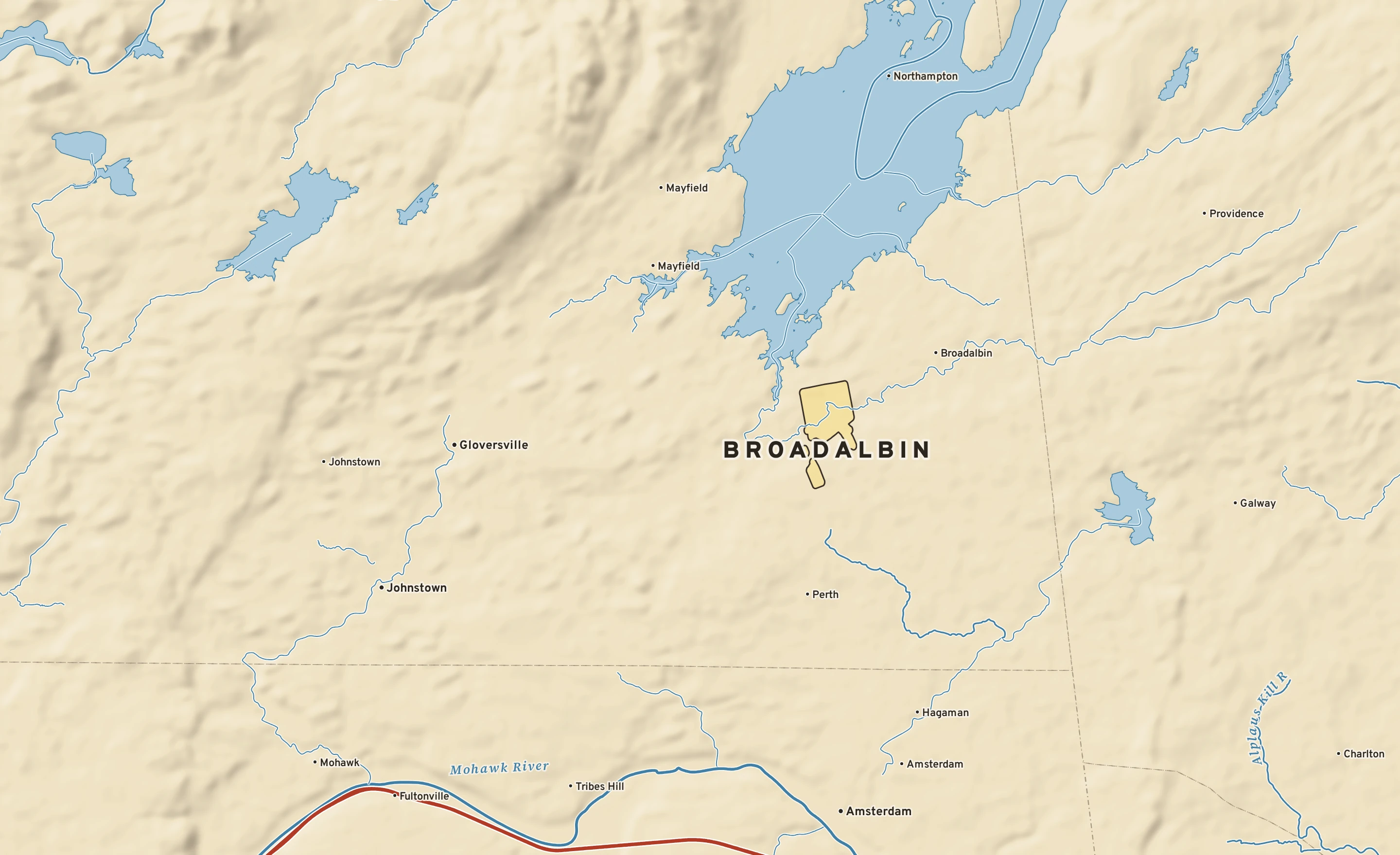 Shaded-relief atlas plate of Broadalbin, New York: rivers, roads, the city limits and where the water drains.