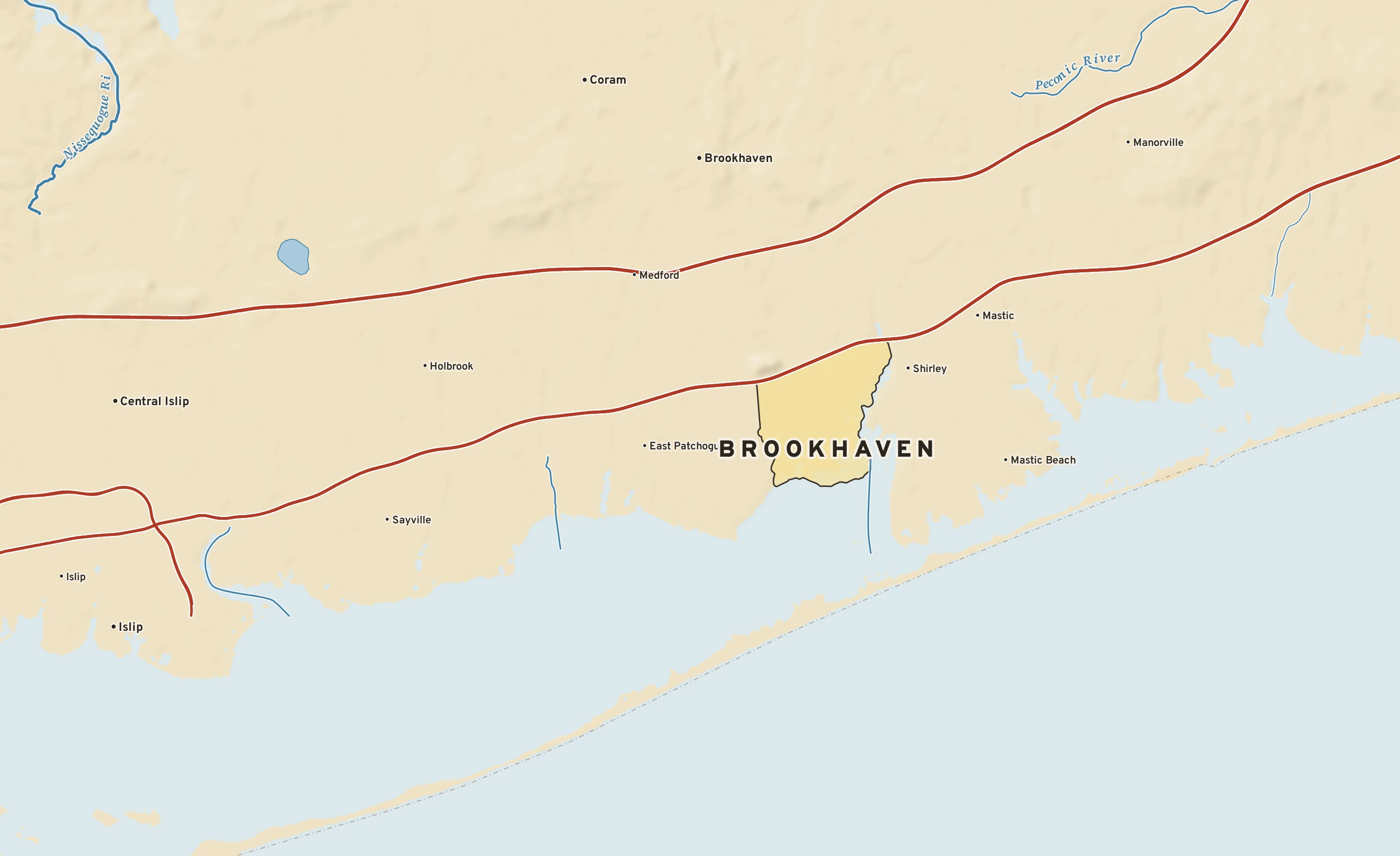 Shaded-relief atlas plate of Brookhaven, New York: rivers, roads, the city limits and where the water drains.