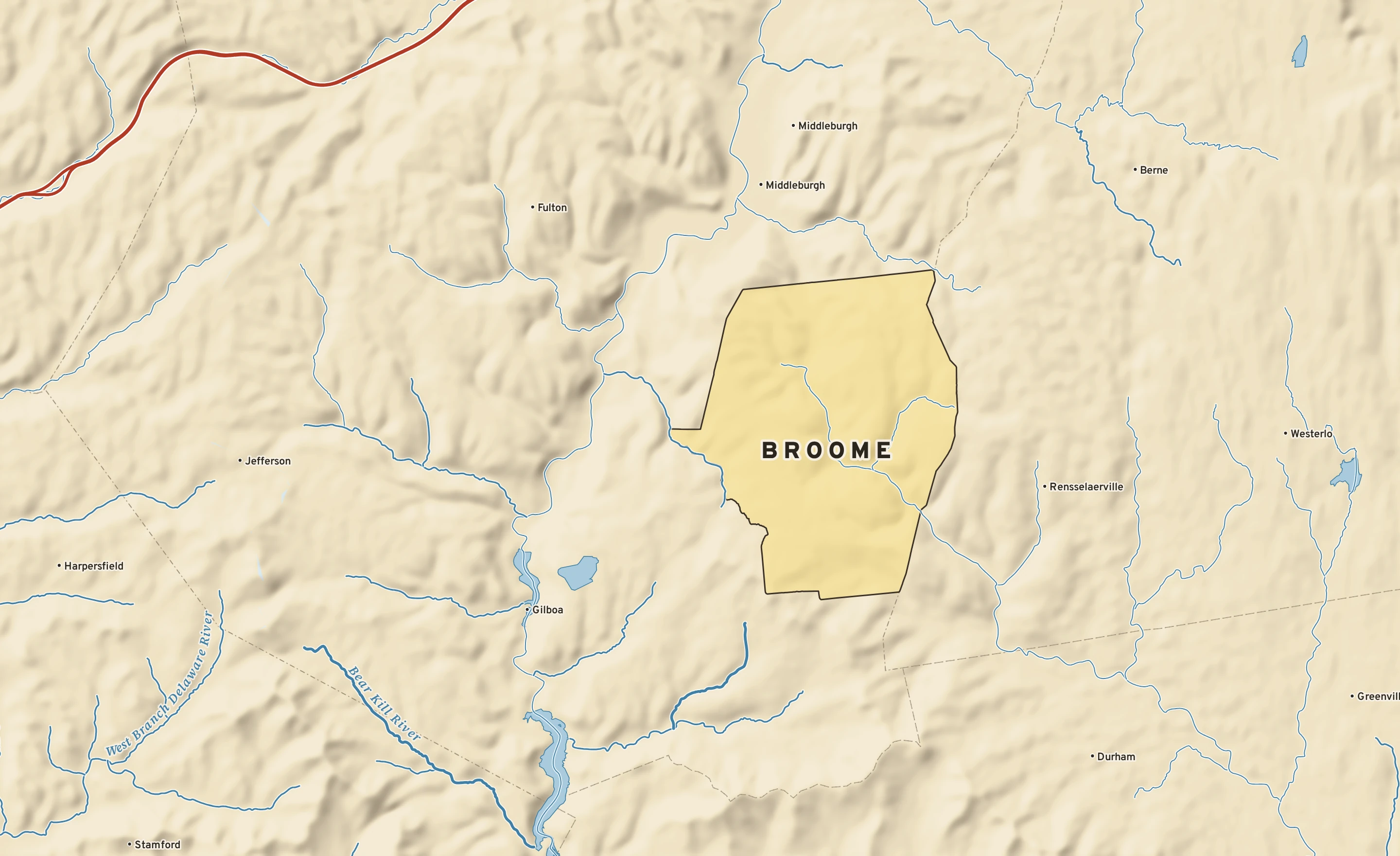 Shaded-relief atlas plate of Broome, New York: rivers, roads, the city limits and where the water drains.