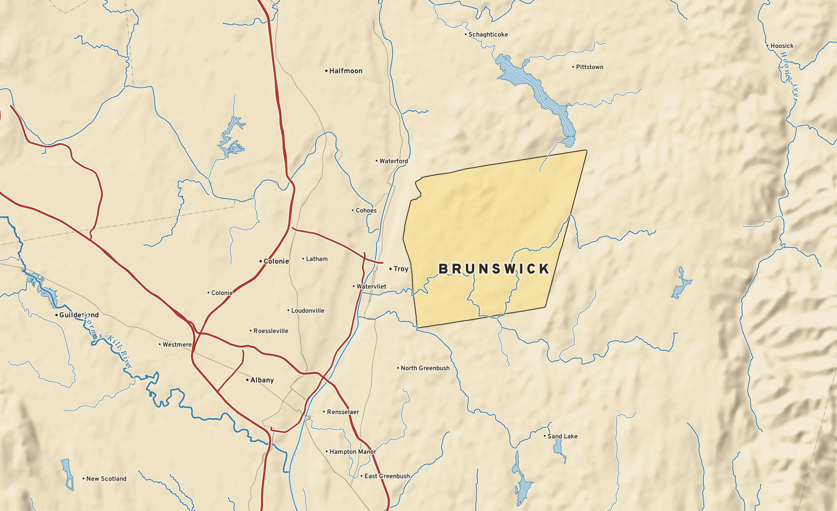 Shaded-relief atlas plate of Brunswick, New York: rivers, roads, the city limits and where the water drains.