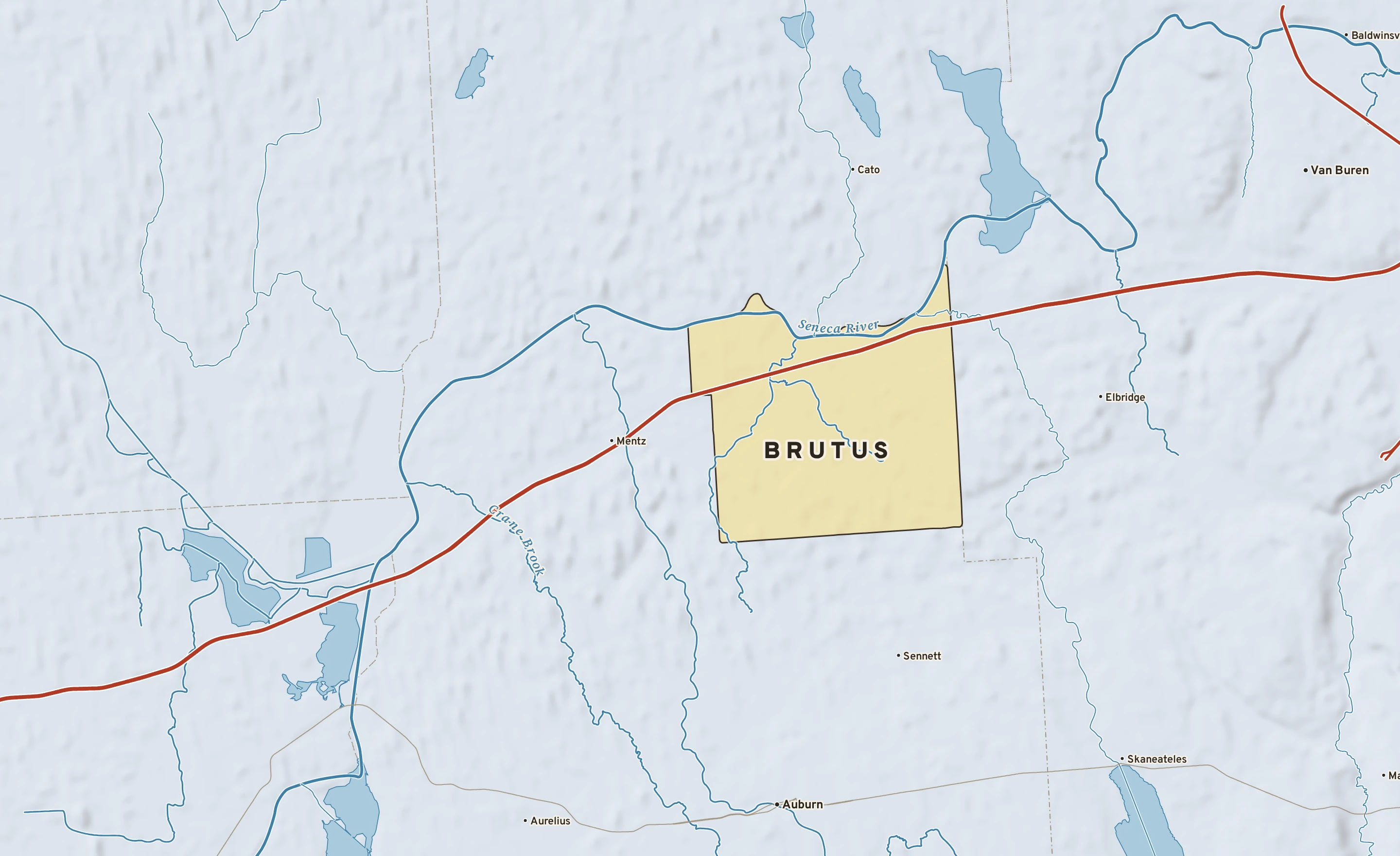 Shaded-relief atlas plate of Brutus, New York: rivers, roads, the city limits and where the water drains.