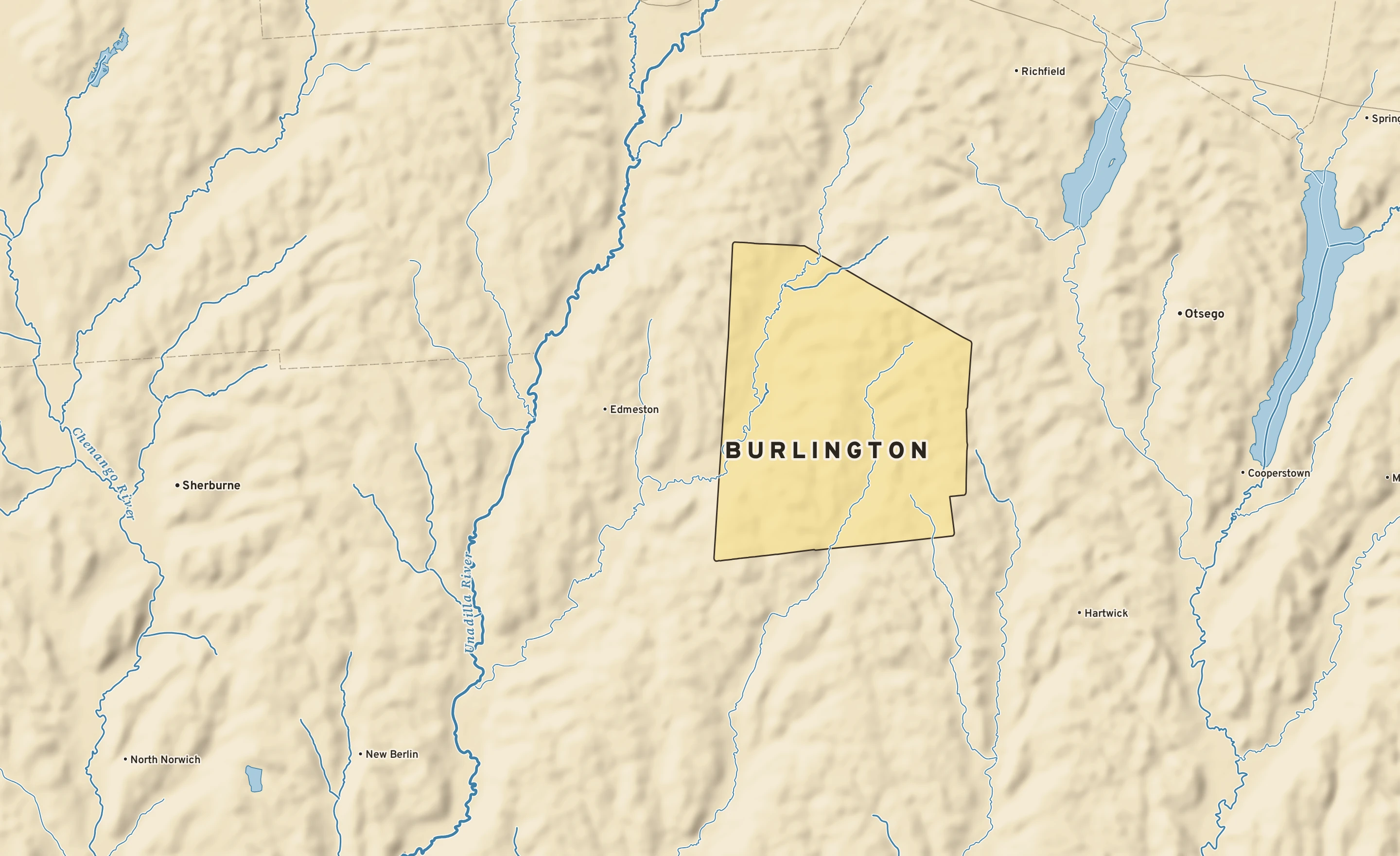 Shaded-relief atlas plate of Burlington, New York: rivers, roads, the city limits and where the water drains.