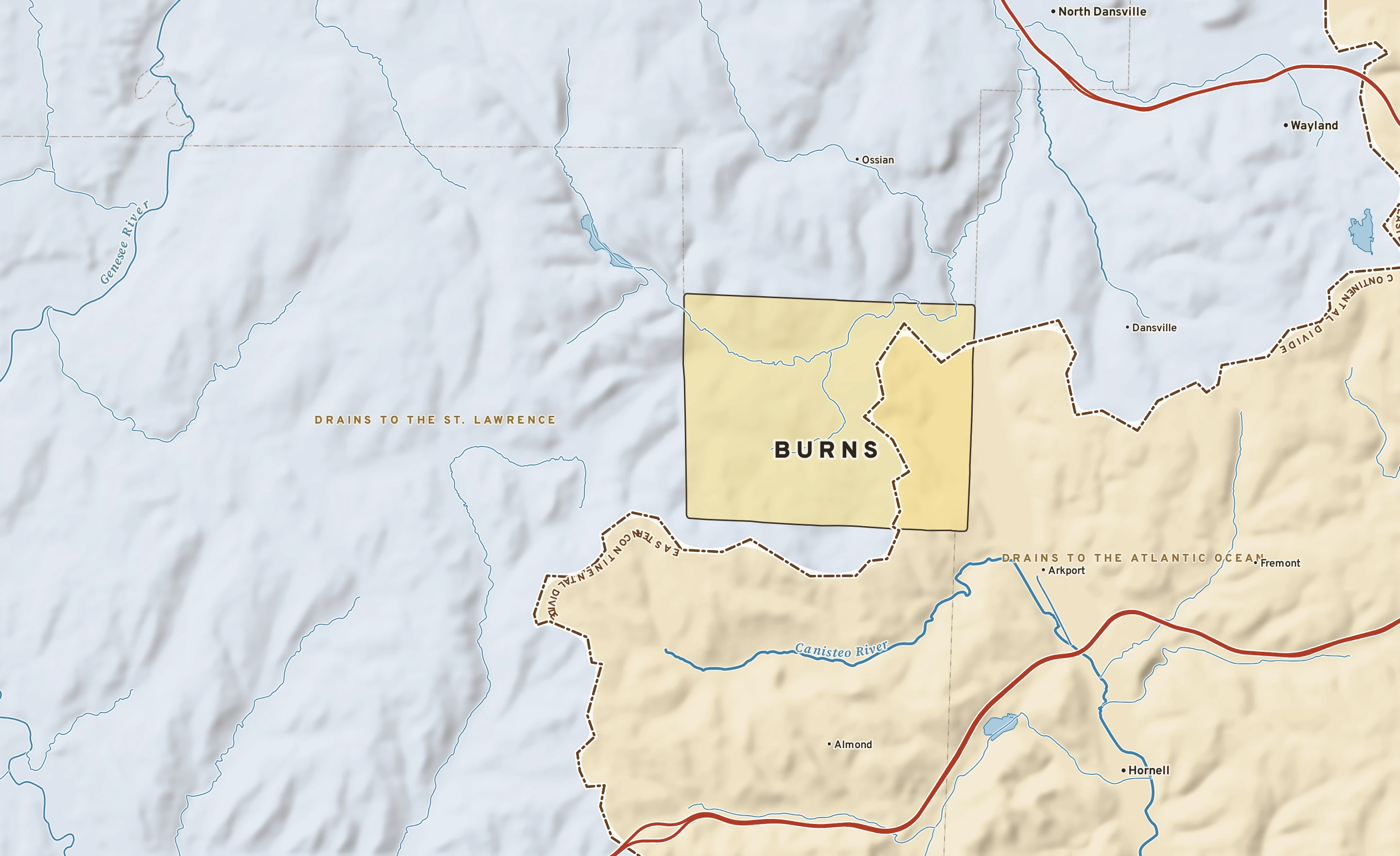 Shaded-relief atlas plate of Burns, New York: rivers, roads, the city limits and where the water drains.