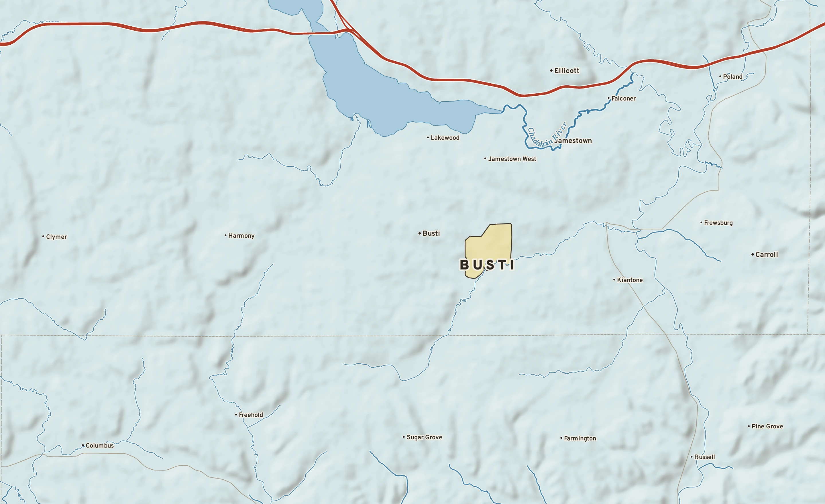 Shaded-relief atlas plate of Busti, New York: rivers, roads, the city limits and where the water drains.