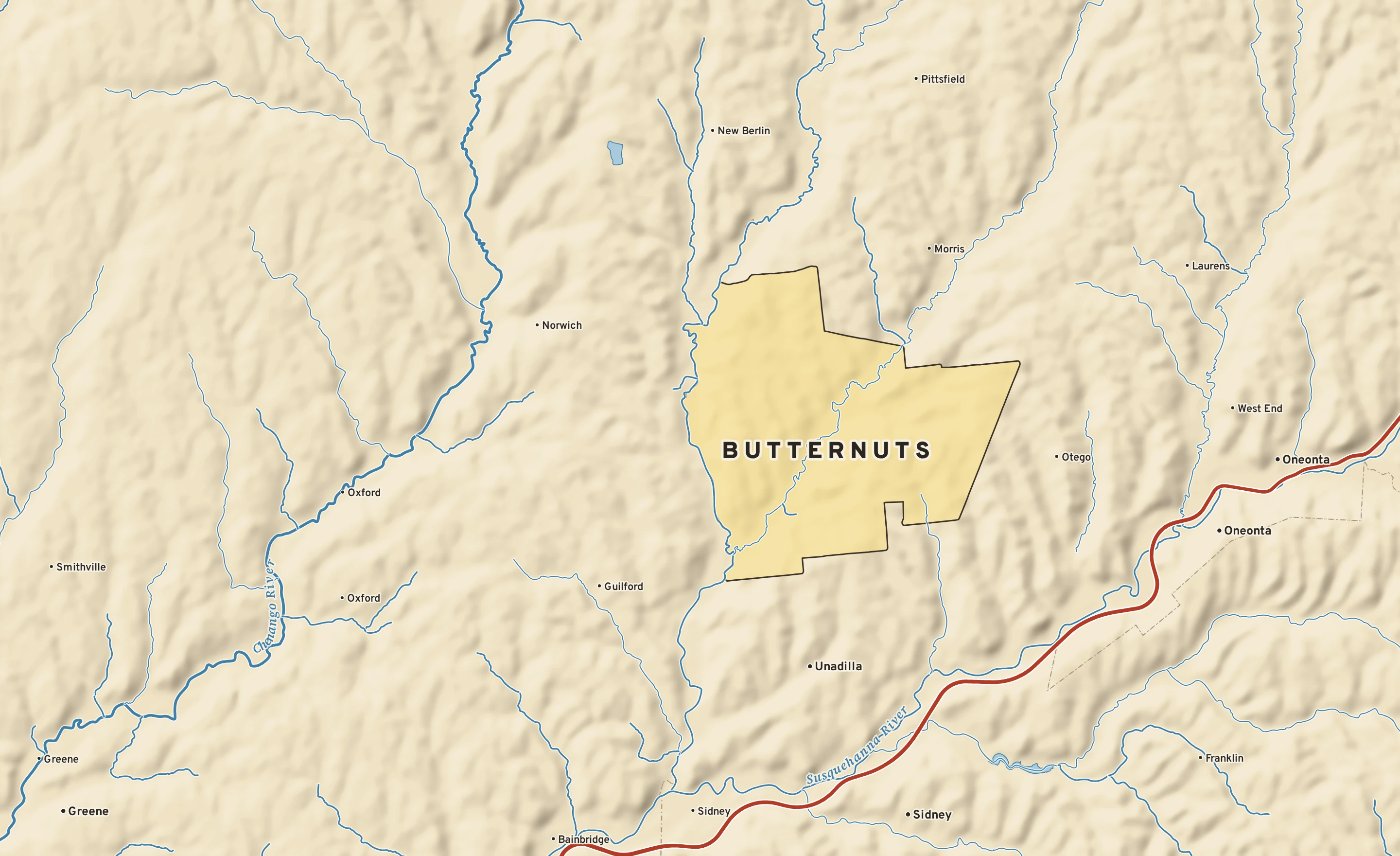 Shaded-relief atlas plate of Butternuts, New York: rivers, roads, the city limits and where the water drains.